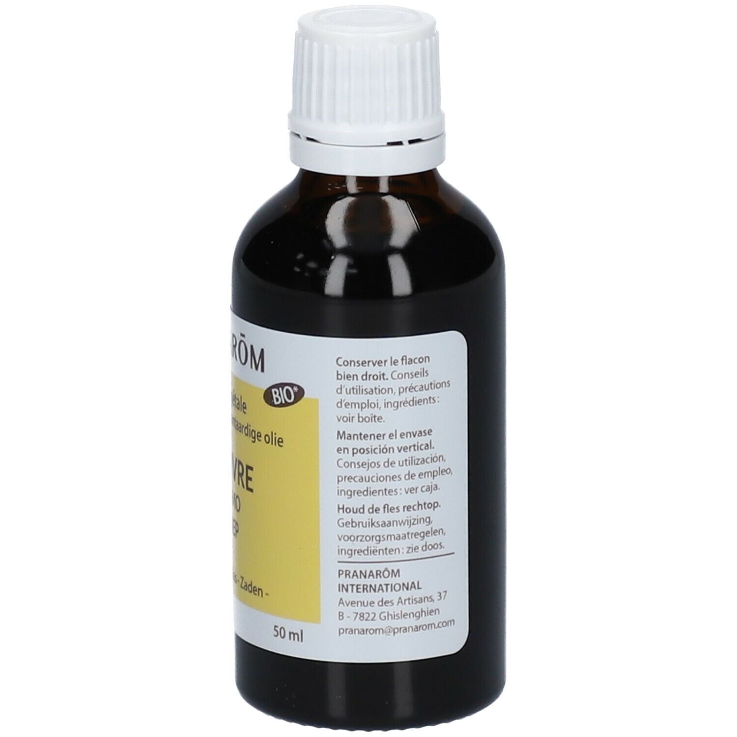 Braune Glasflasche mit weißem Deckel. Etikett mit Produktinformationen und BIO-Siegel. Aufschrift: Chanvre, Hanföl. 50 ml.
