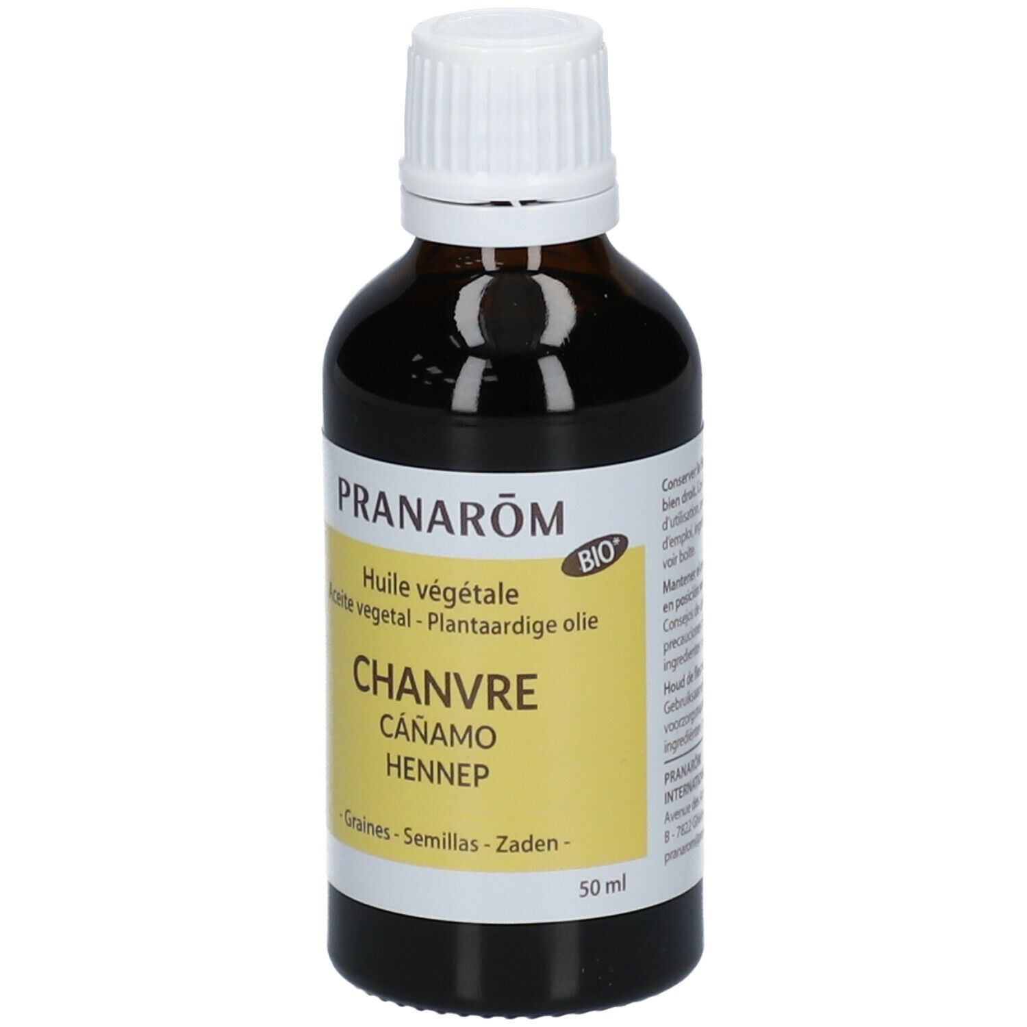 Braune Glasflasche mit weißem Deckel. Etikett mit Produktnamen und BIO-Siegel. Aufschrift: Chanvre, Hanföl. 50 ml.