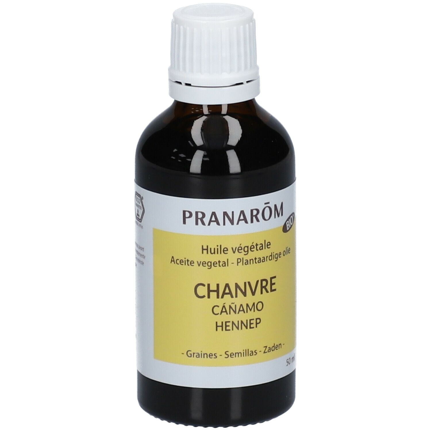 Braune Glasflasche mit weißem Deckel. Etikett mit Produktnamen und BIO-Siegel. Aufschrift: Chanvre, Hanföl. 50 ml.