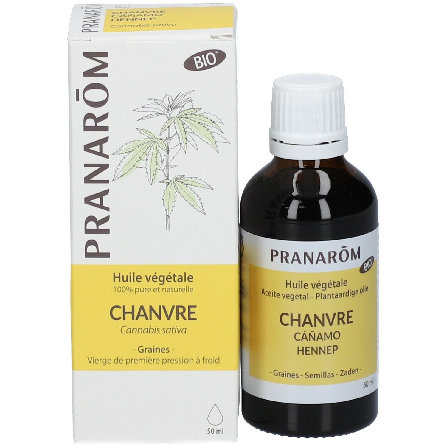Produktflasche und Verpackung. Braune Glasflasche mit weißem Deckel. Verpackung mit Produktnamen und BIO-Siegel. Aufschrift: Chanvre, Hanföl.