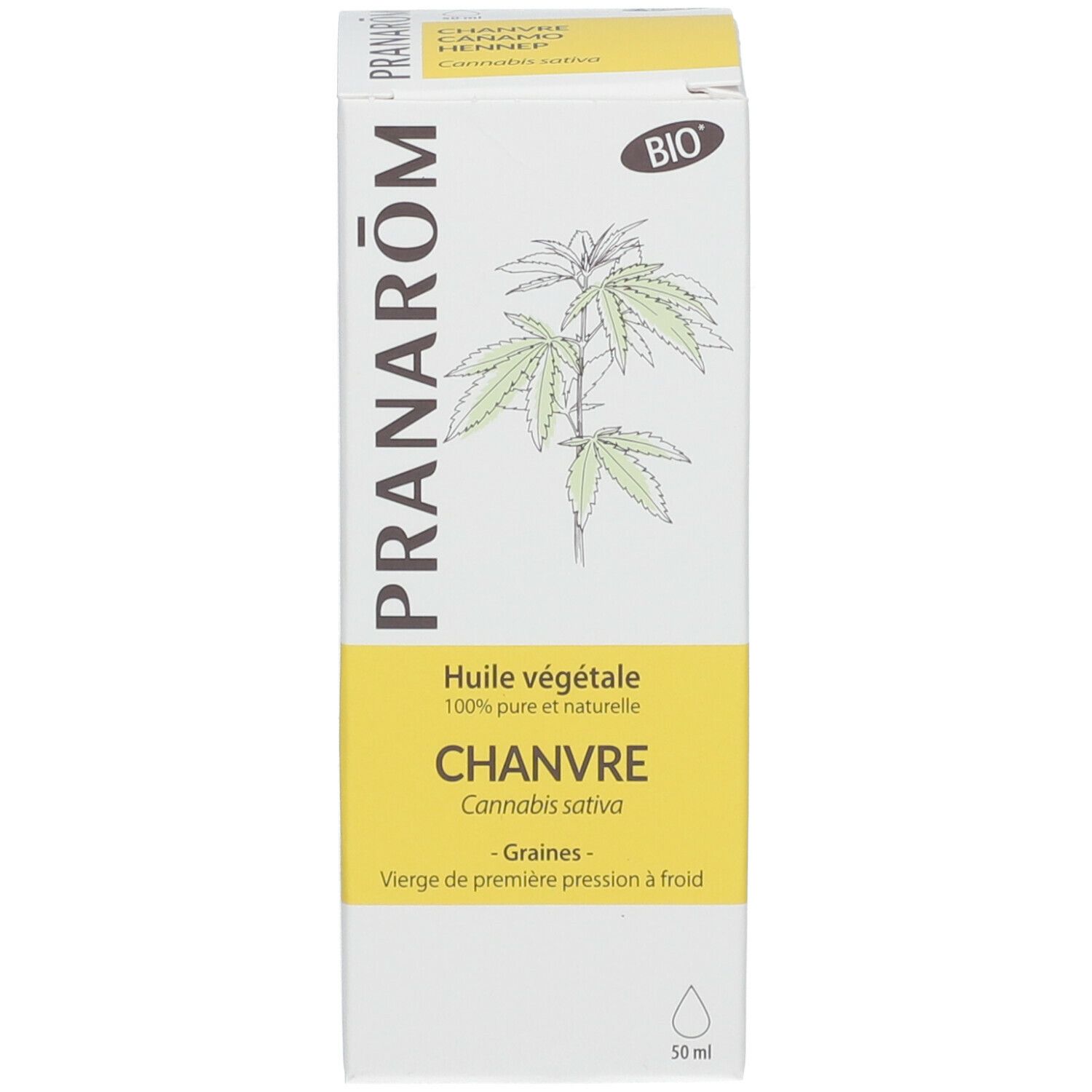 Produktverpackung. Weißer Karton mit Produktnamen und BIO-Siegel. Aufschrift: Chanvre, Hanföl. Abbildung von Hanfblättern.