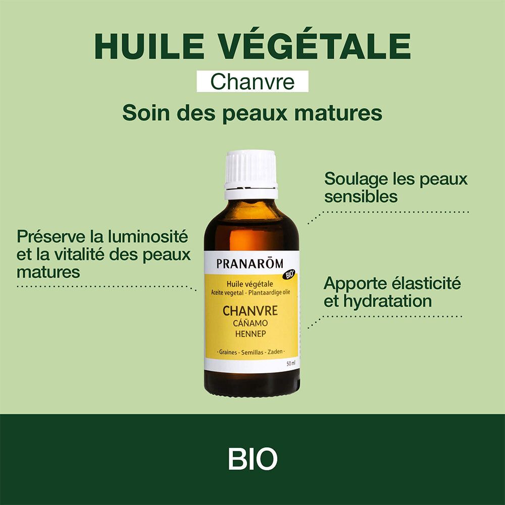 Hanföl-Flasche. BIO-Zertifizierung. Text: Huile végétale Chanvre. Für reife Haut. Für empfindliche Haut.