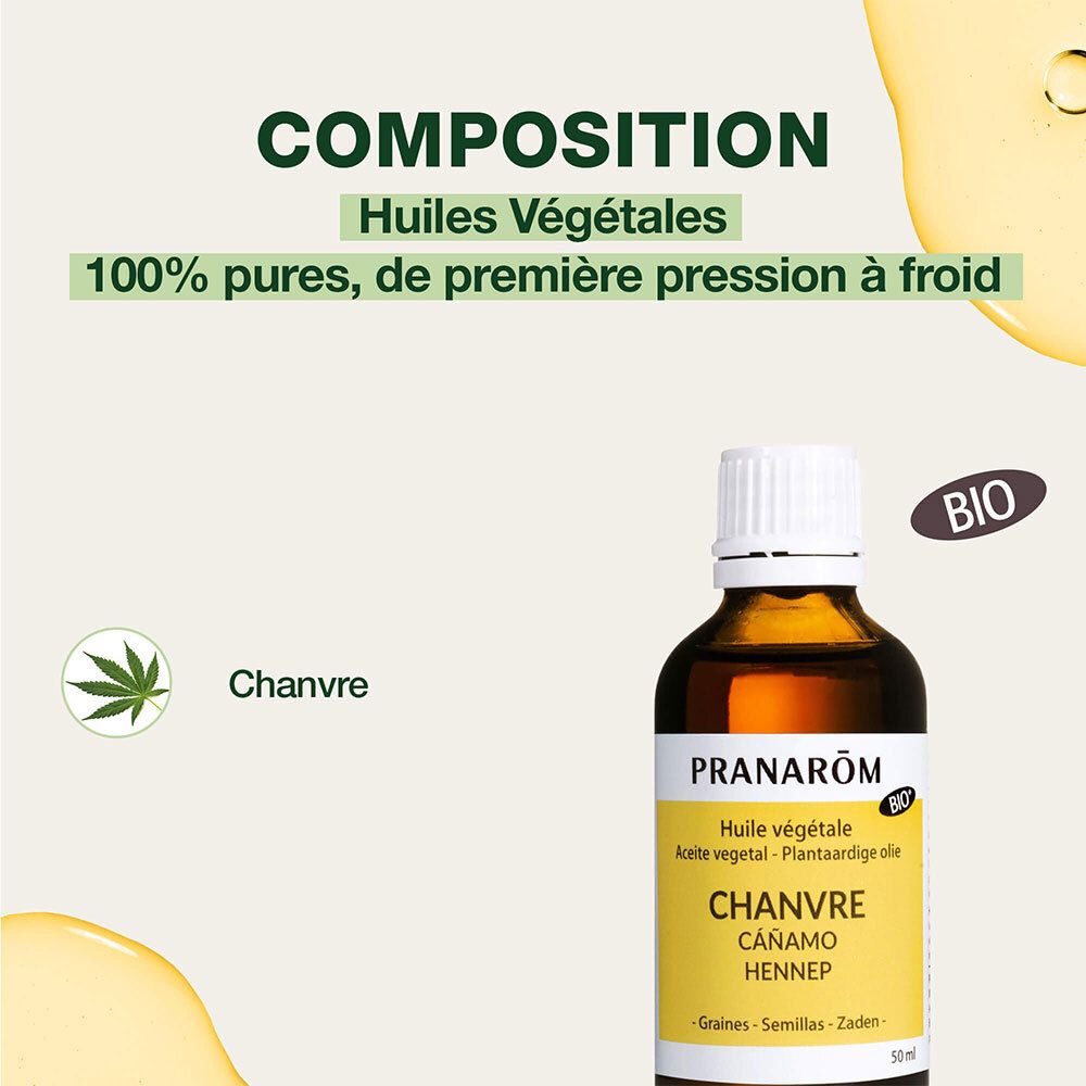 Hanföl-Flasche. BIO-Zertifizierung. Text: Huiles Végétales. 100% rein, kaltgepresst. Hanf-Logo.