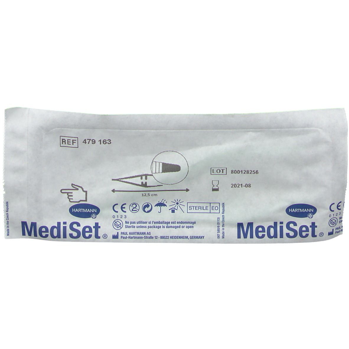 Emballage MediSet® Anatomische Pinzette. Stérile, marquage CE, 12,5 cm. Fabricant : Hartmann.