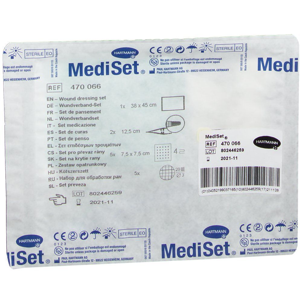 MediSet® Wundverband-Set steril. Verpackung mit Produktinformationen und CE-Kennzeichnung.