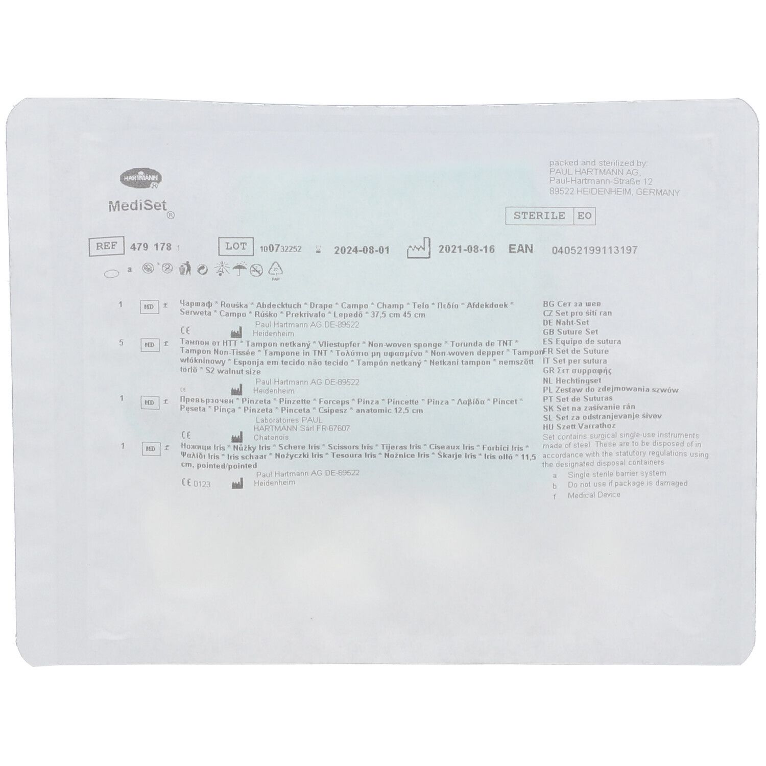 Dos de l'emballage du kit de retrait de sutures HARTMANN MediSet®. Informations produit et indications de stérilité.