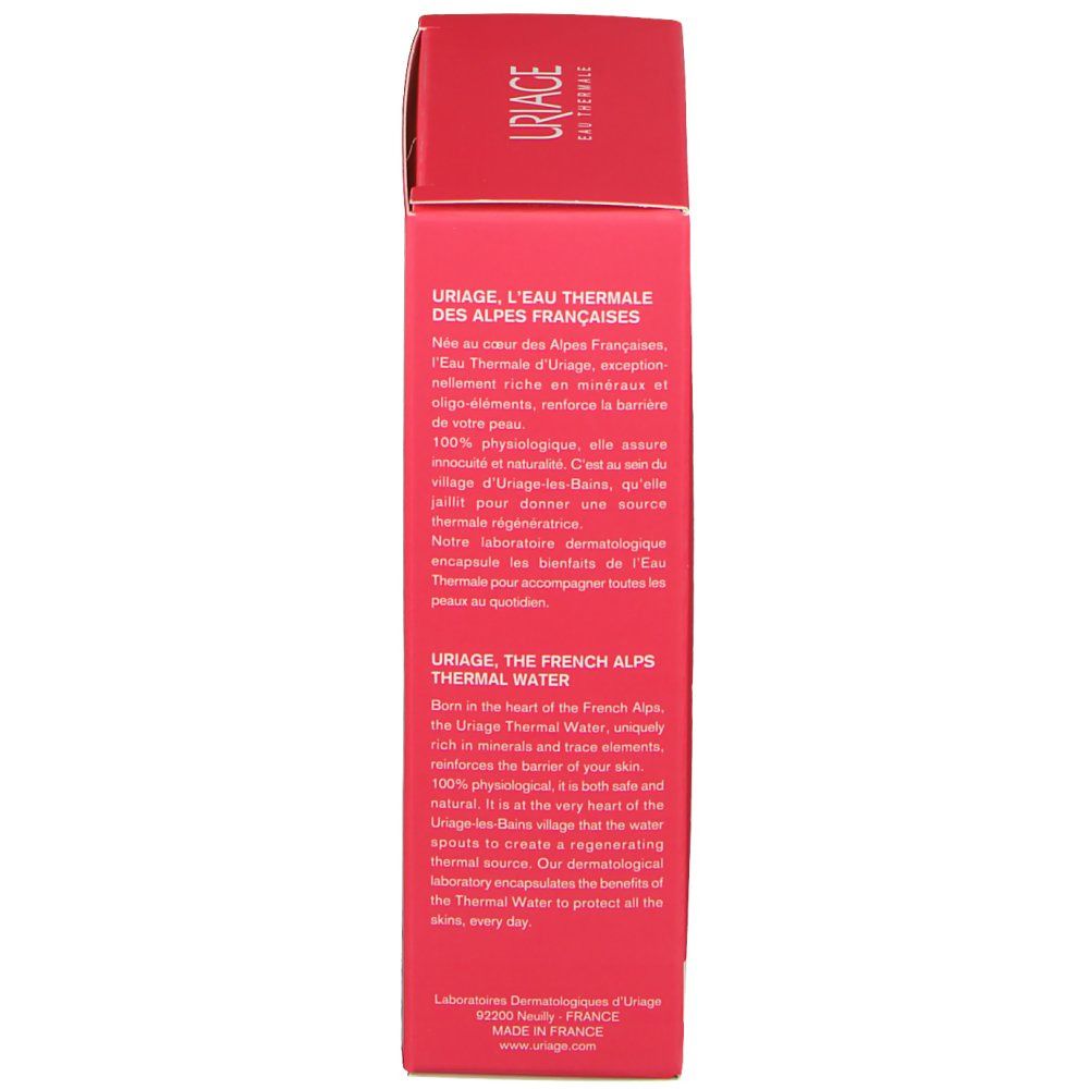 Vue latérale du coffret cadeau. Texte sur l'eau thermale Uriage en français et en anglais.