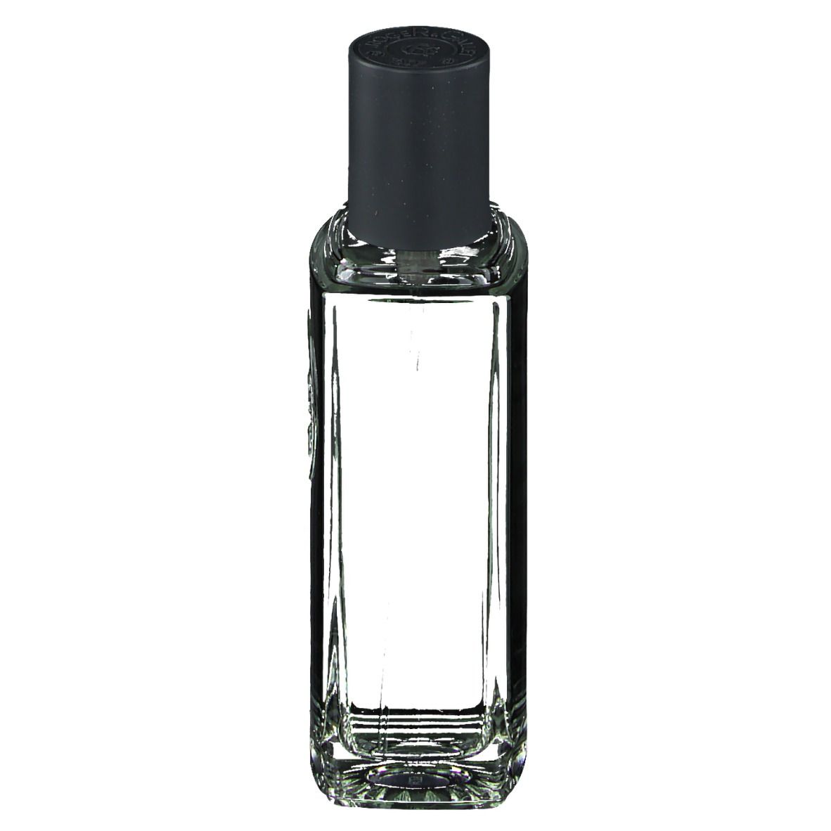 Flacon rectangulaire, bouchon noir. Inscription : Roger & Gallet, L'Homme Menthe. Clair.