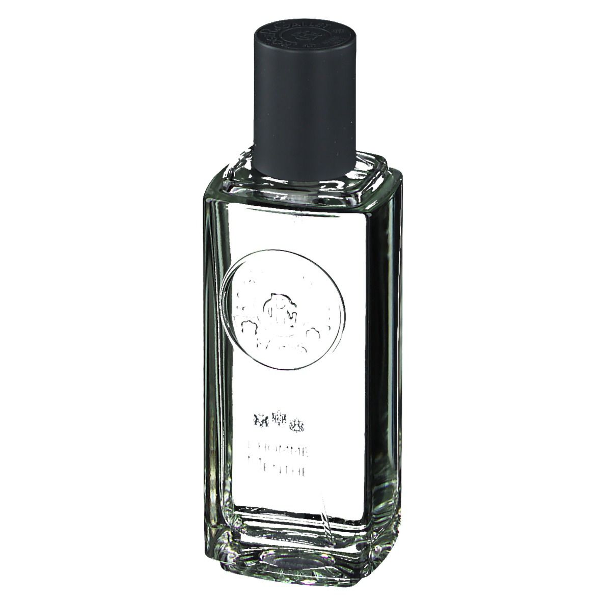 Flacon rectangulaire, bouchon noir. Inscription : Roger & Gallet, L'Homme Menthe. Clair.