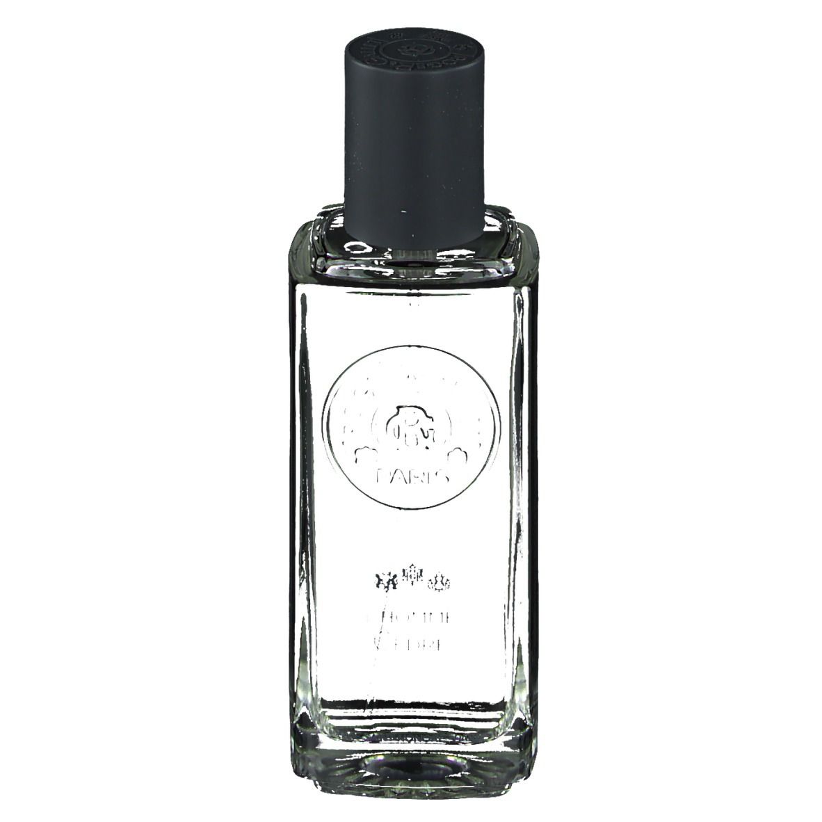 Roger & Gallet L'Homme Cèdre Eau de Toilette. Flacon rectangulaire en verre, bouchon noir. Logo et texte.