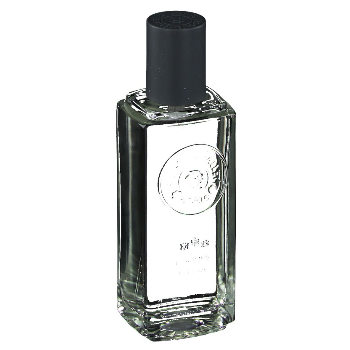 Roger & Gallet L'Homme Cèdre Eau de Toilette. Flacon rectangulaire en verre, bouchon noir. Logo et texte.