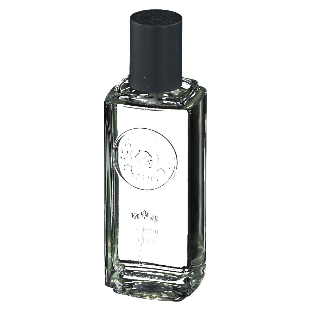 Roger & Gallet L'Homme Cèdre Eau de Toilette. Flacon rectangulaire en verre, bouchon noir. Logo et texte.