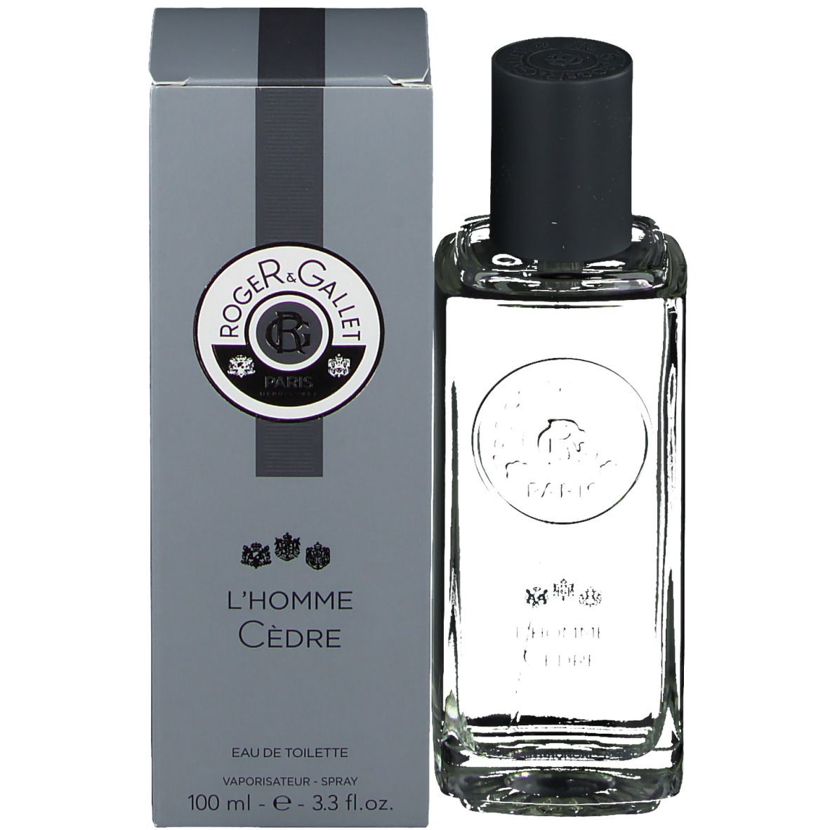 Roger & Gallet L'Homme Cèdre Eau de Toilette avec emballage. Flacon et boîte grise. Logo et texte.
