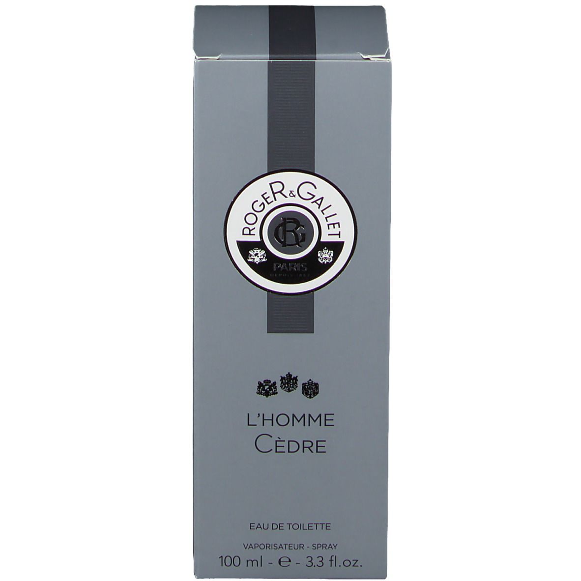 Boîte grise de Roger & Gallet L'Homme Cèdre Eau de Toilette. Logo et texte. Bande noire.
