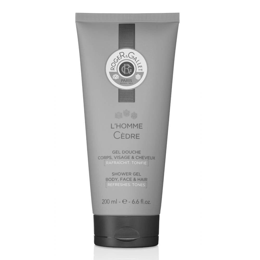 Tube gris Roger & Gallet. Texte: L'Homme Cèdre, Gel Douche Corps, Visage & Cheveux. 200 ml.