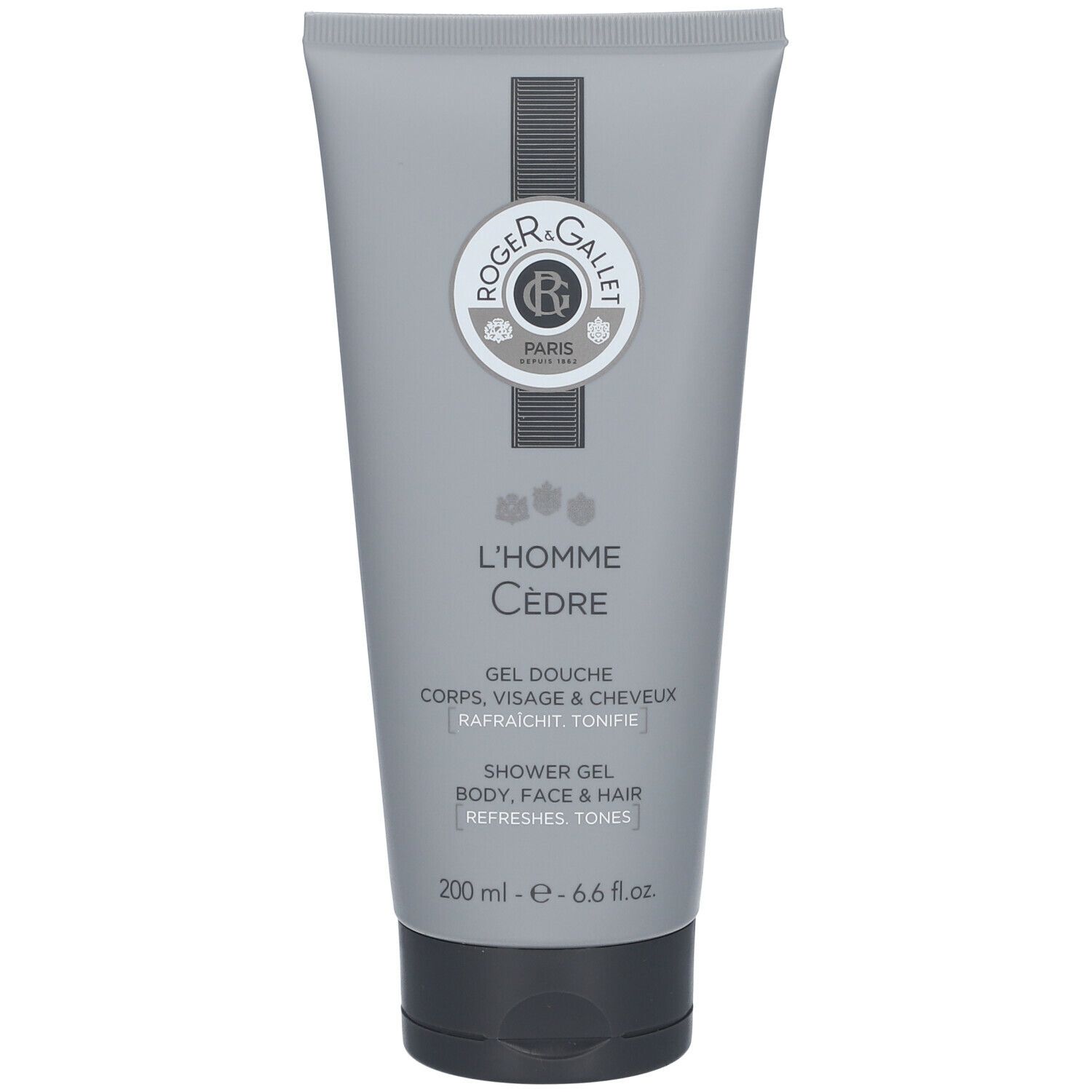 Tube gris Roger & Gallet. Texte: L'Homme Cèdre, Gel Douche Corps, Visage & Cheveux. 200 ml.