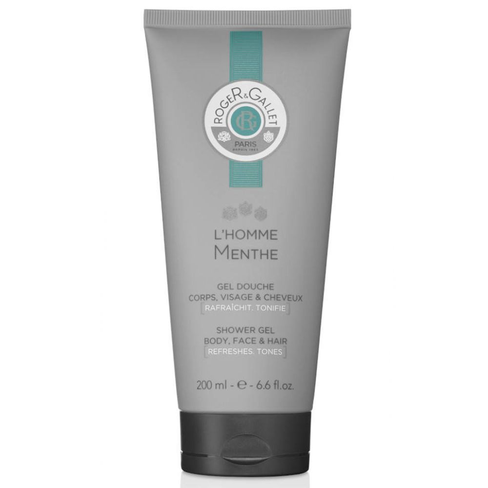 Tube gris avec logo et texte. Inscription : L'Homme Menthe, gel douche corps, visage et cheveux. 200 ml.