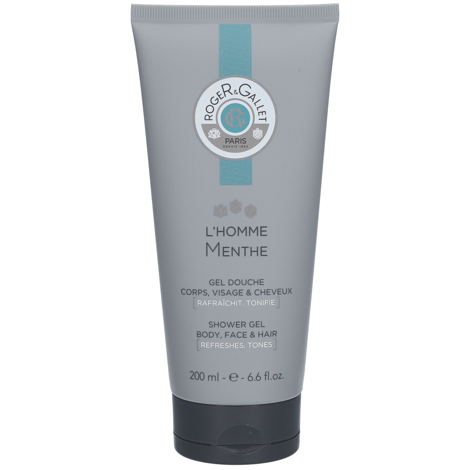 Tube gris avec logo et texte. Inscription : L'Homme Menthe, gel douche corps, visage et cheveux. 200 ml.