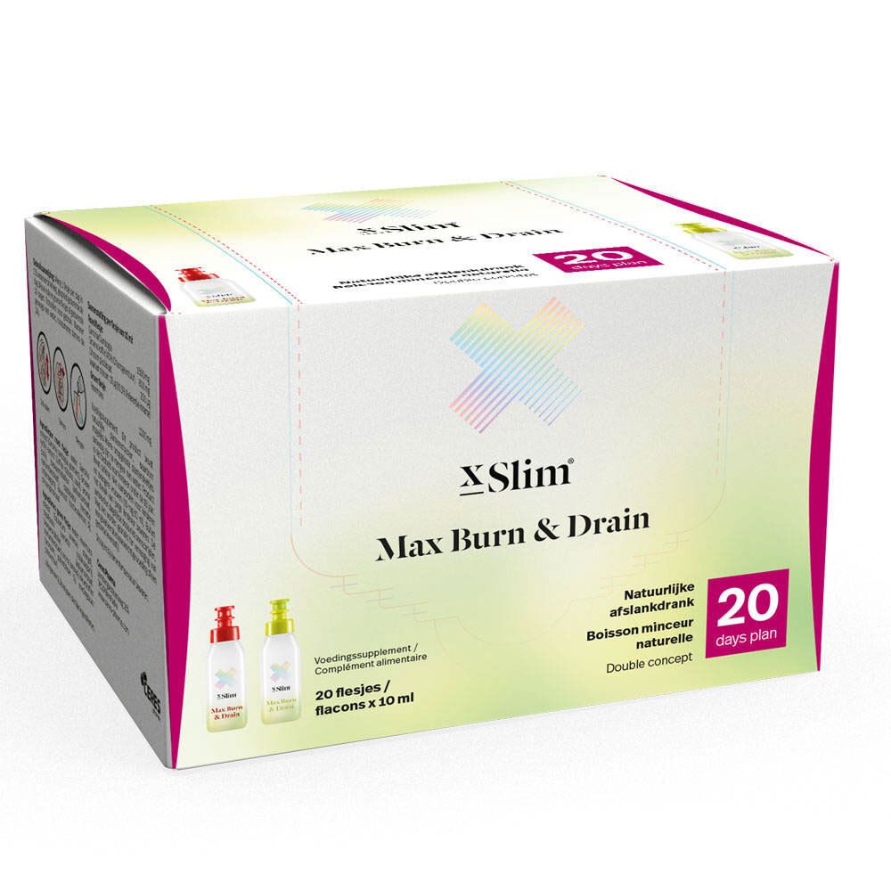 Boîte X-Slim Max Burn & Drain. Contient 20 flacons. Inscription : "20 days plan".