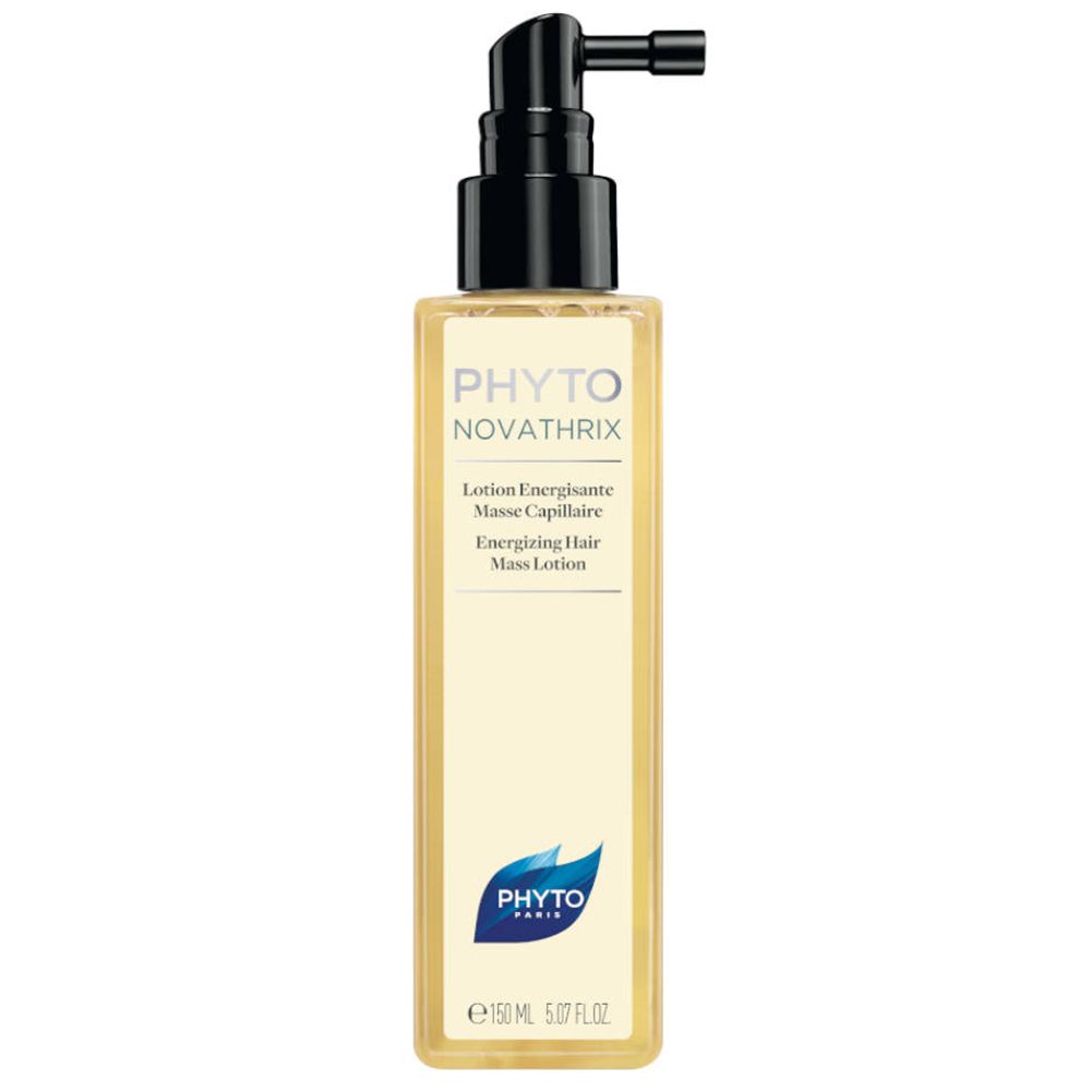 Flacon rectangulaire avec pompe noire. Inscription: PHYTO NOVATHRIX, Lotion Energisante, Masse Capillaire, Energizing Hair Mass Lotion.