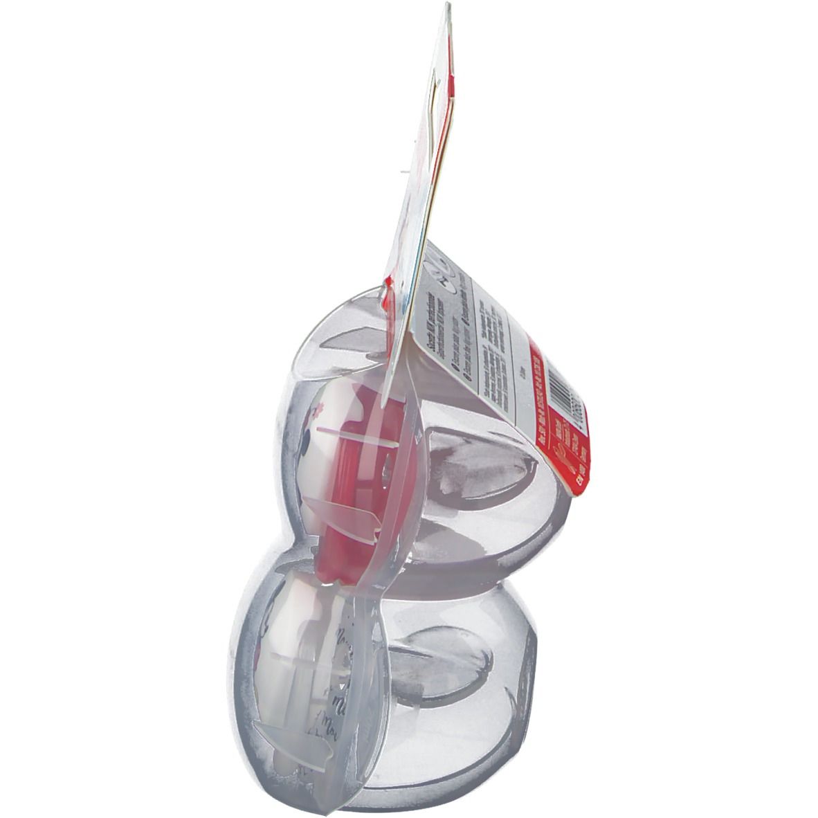 Vue latérale de l'emballage avec deux sucettes. Emballage plastique transparent. Sucette rouge visible. Marque: NUK.