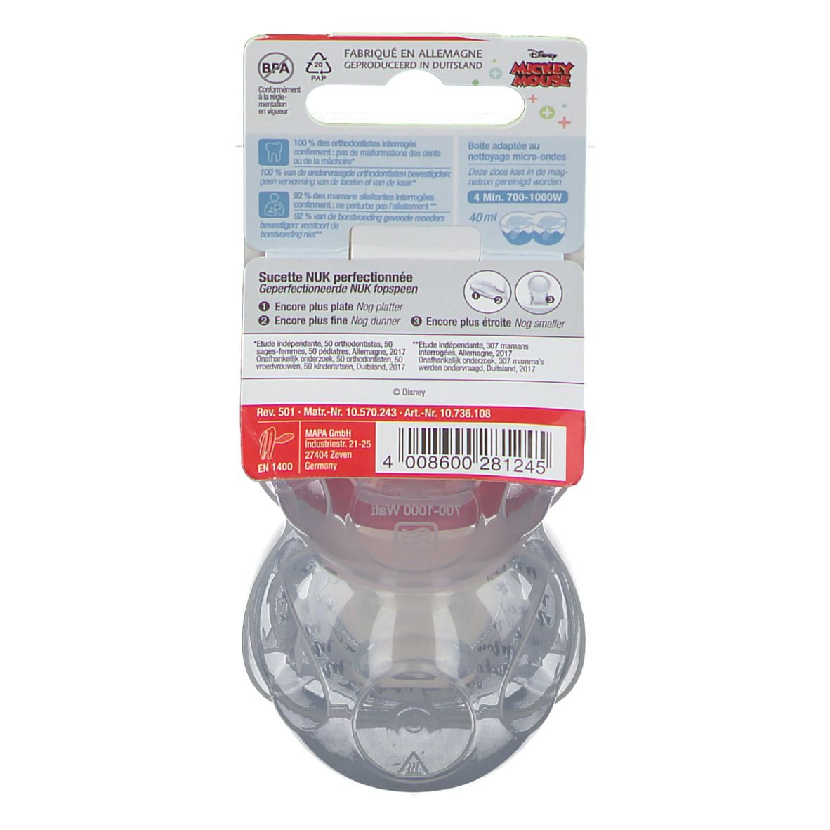 Dos de l'emballage avec informations produit. Deux sucettes dans un emballage transparent. Marque: NUK.