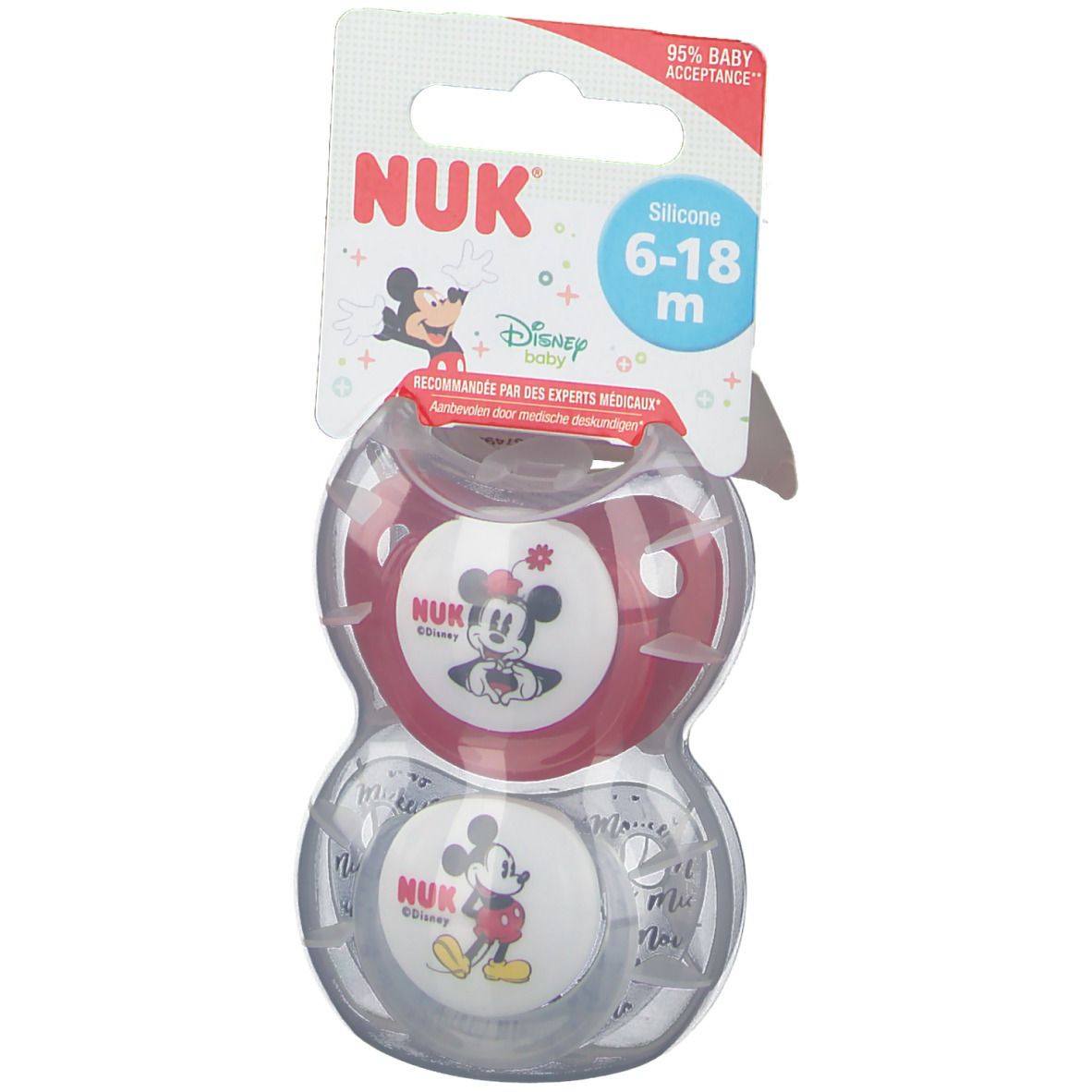 Deux sucettes NUK, 6-18 mois, en emballage. Motif Mickey Mouse. Rouge et blanc. Silicone. Recommandé par des experts médicaux.