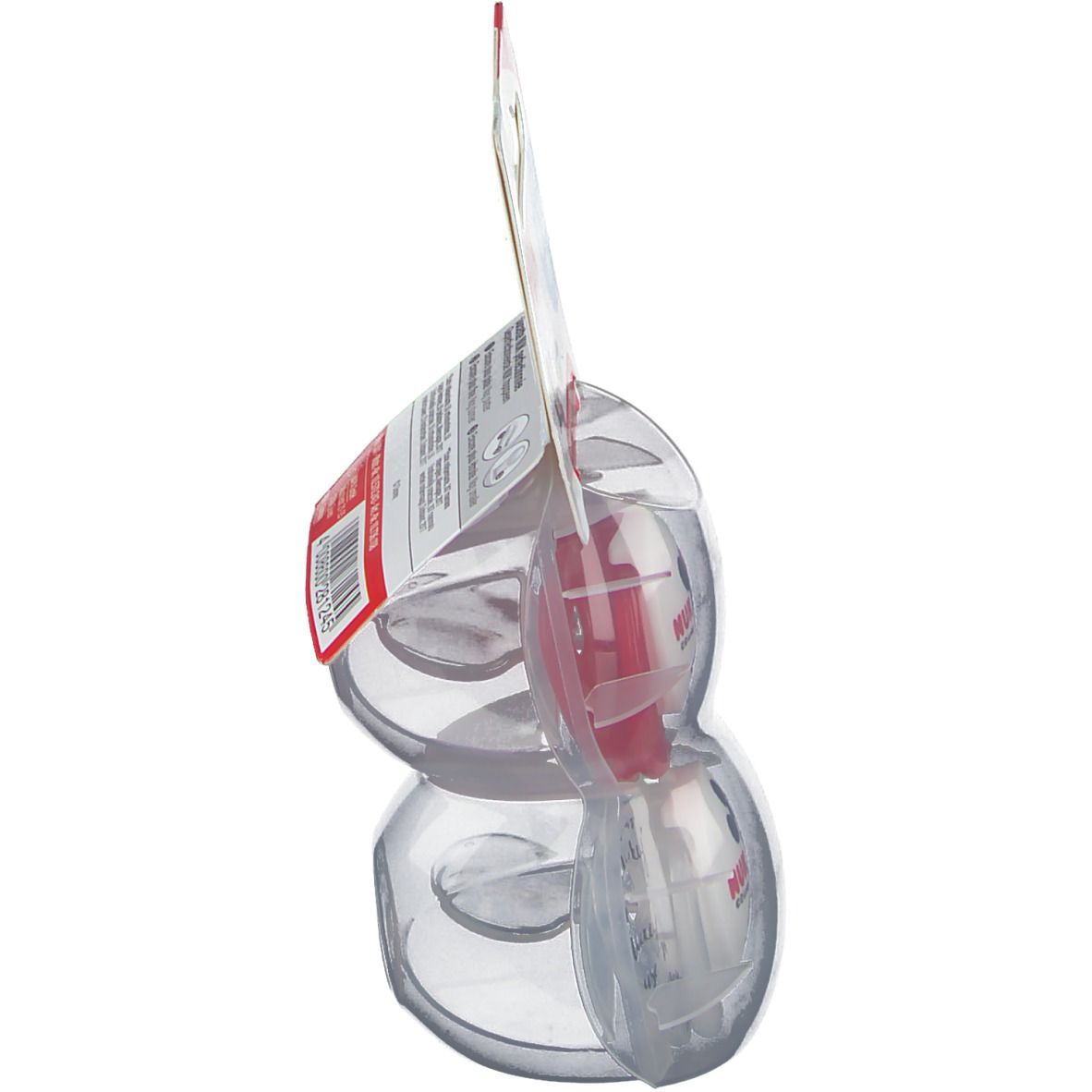 Vue latérale de l'emballage avec deux sucettes. Emballage plastique transparent. Sucette rouge visible. Marque: NUK.