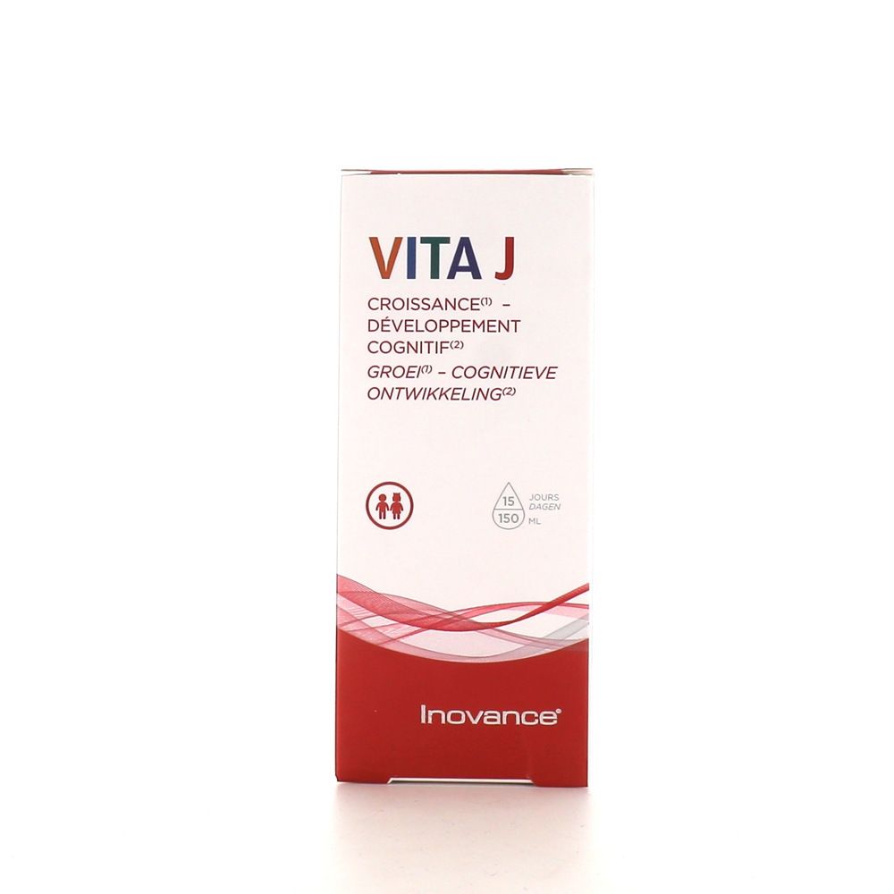 Boîte VITA J. Inscription : croissance, développement cognitif. Fond rouge et blanc. Marque : Inovance.