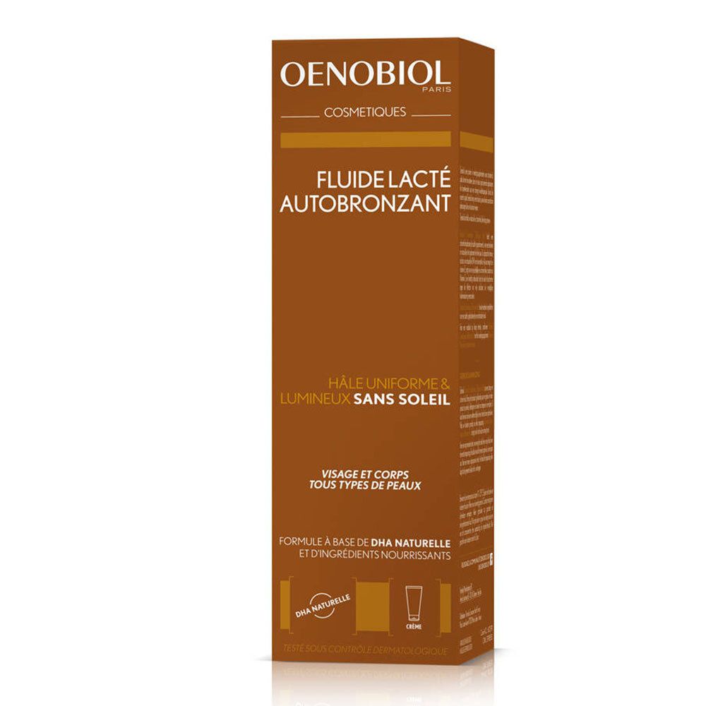 Bruine verpakking. Opschrift: OENOBIOL, FLUIDE LACTÉ AUTO-BRONZANT, HÂLE UNIFORME & LUMINEUX SANS SOLEIL. Voor gezicht en lichaam.