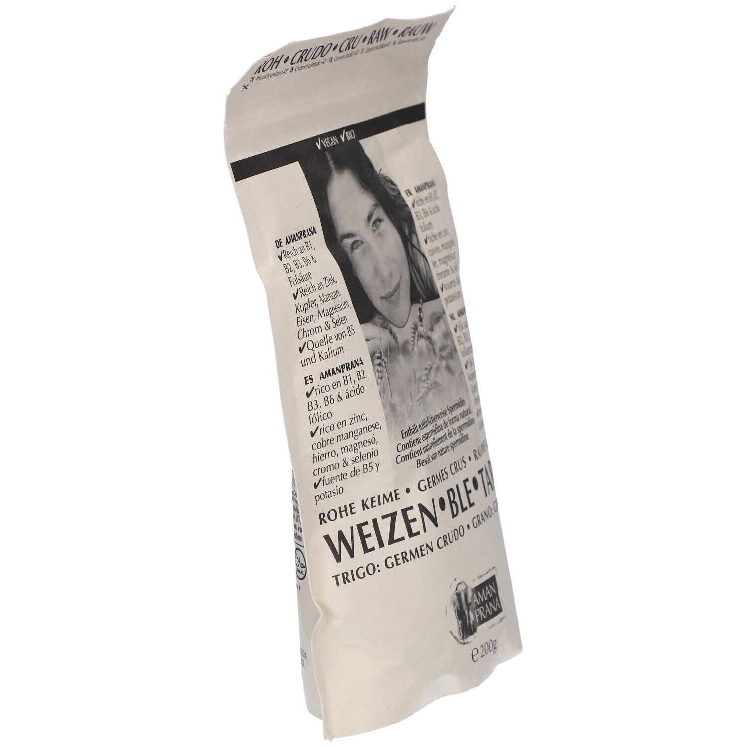 Schuin zakje AMANPRANA Rohe Bio-Weizenkeime. Vegan en Bio keurmerk. Productinformatie gedrukt.