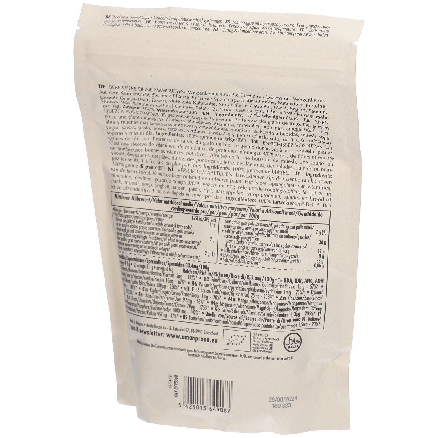 Achterkant van het zakje AMANPRANA Rohe Bio-Weizenkeime. Bevat voedingswaarden en ingrediënten.