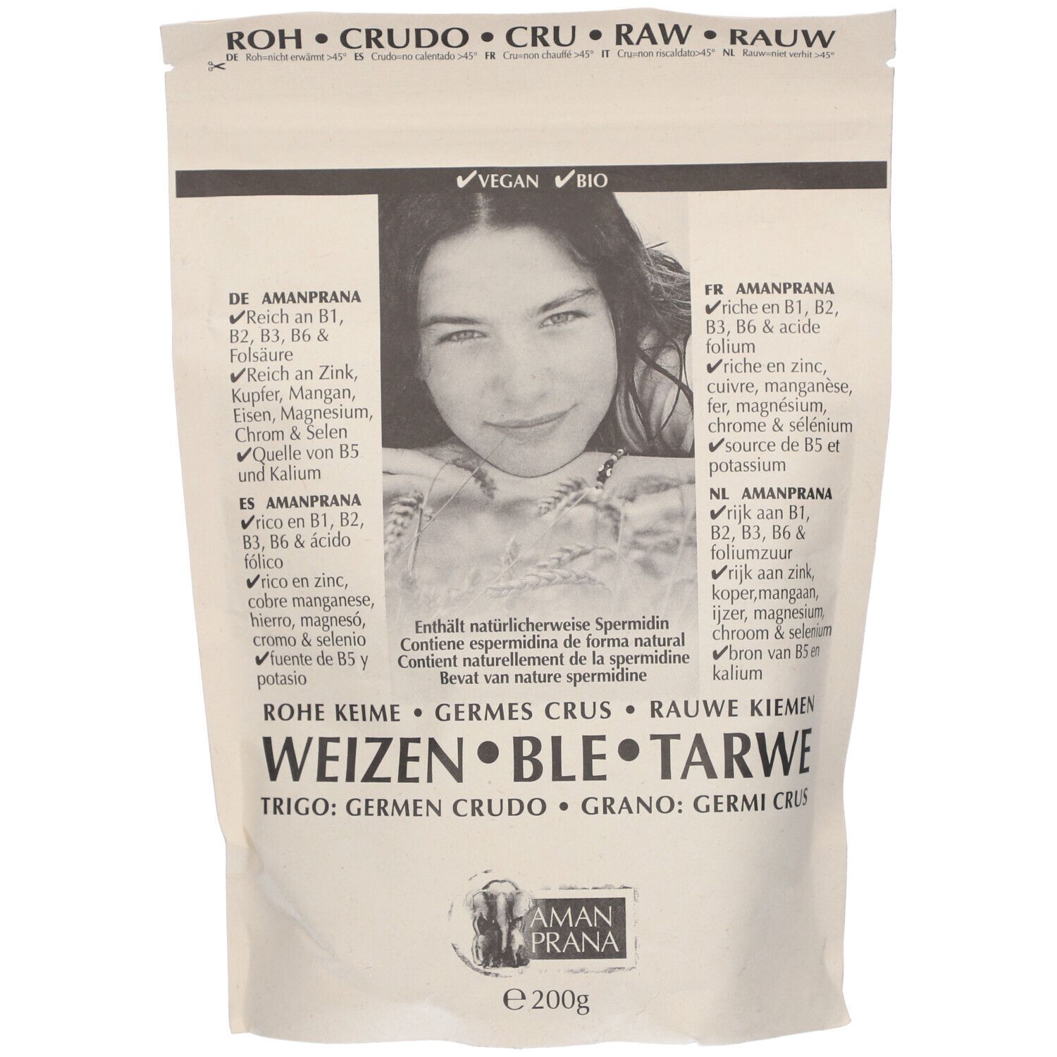 Voorkant van het zakje AMANPRANA Rohe Bio-Weizenkeime. Vegan en Bio keurmerk. Productinformatie.