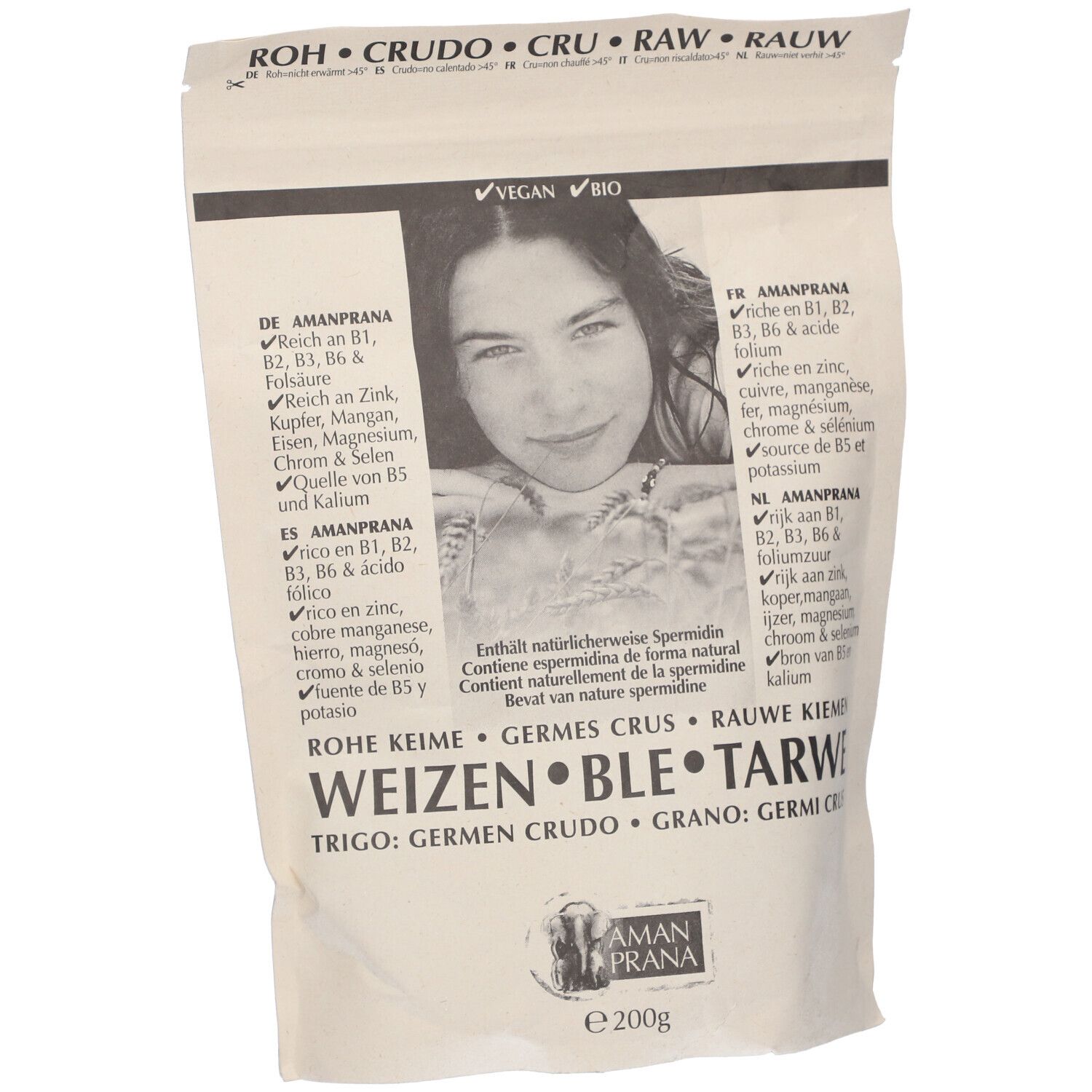 Voorkant van het zakje AMANPRANA Rohe Bio-Weizenkeime. Vegan en Bio keurmerk. Productinformatie.