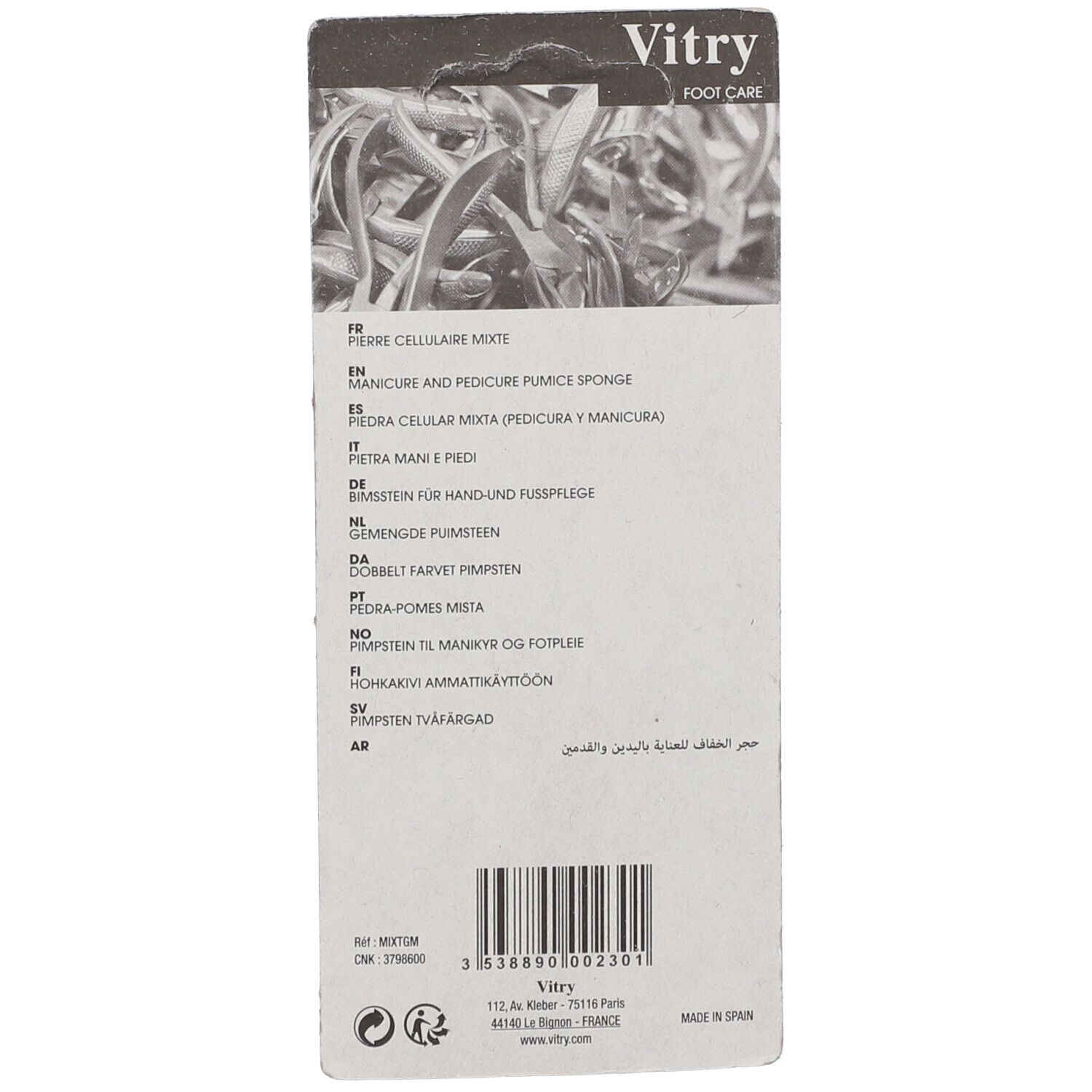 Rückseite der Verpackung mit Produktinformationen und Barcode. Marke "Vitry".