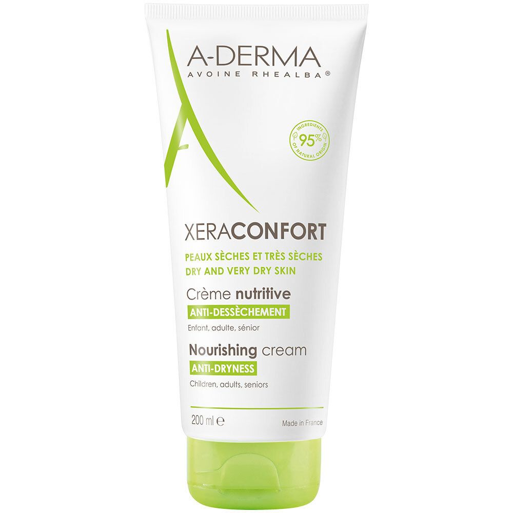 Tube de crème A-Derma Xeraconfort. Blanc, bouchon vert. Texte: Xeraconfort, Crème nutritive, Anti-Dessèchement, 95%.