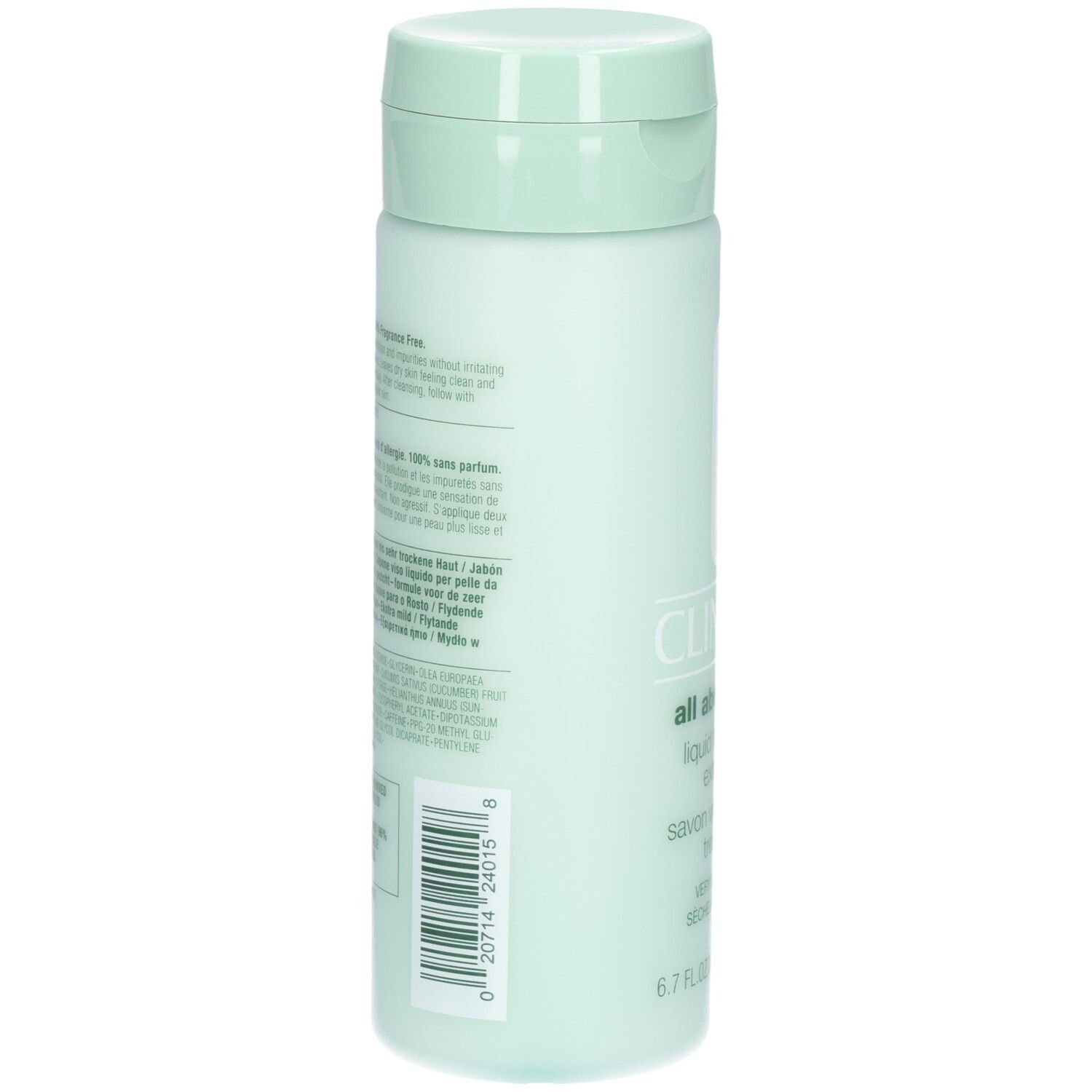 Rückseite der Flasche. Text in mehreren Sprachen. Barcode und Informationen zur Inhaltsstoffen. Flasche aus recyceltem Material.