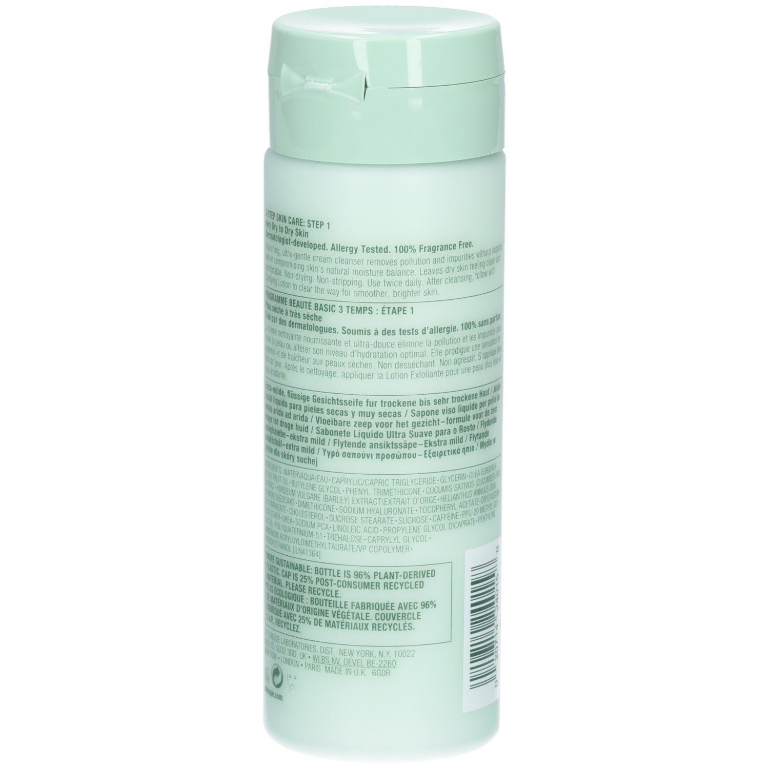 Rückseite der Flasche. Text in mehreren Sprachen. Informationen zur Anwendung und Inhaltsstoffen. Flasche aus recyceltem Material.