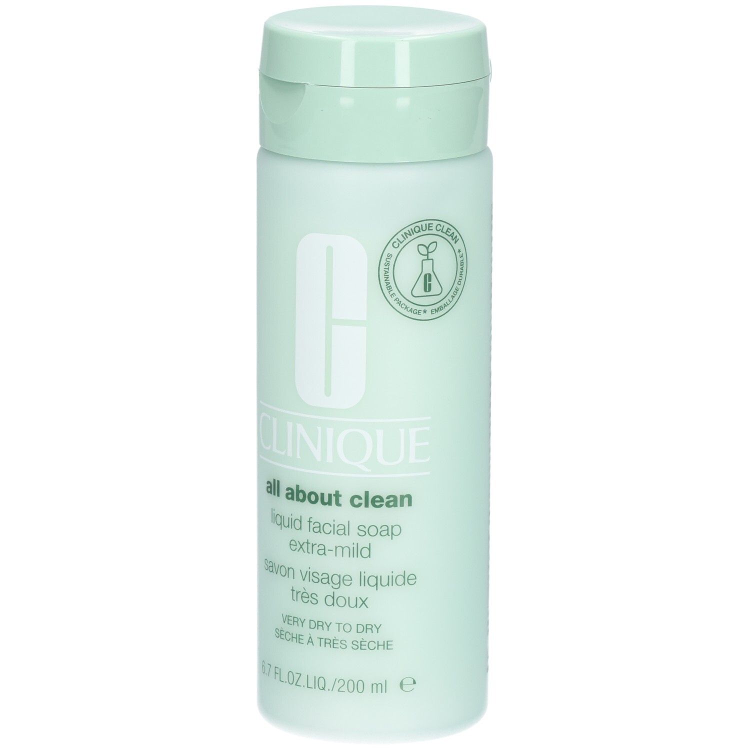 Hellgrüne Flasche mit Klappverschluss. Aufschrift: CLINIQUE all about clean liquid facial soap extra-mild. Für trockene Haut.