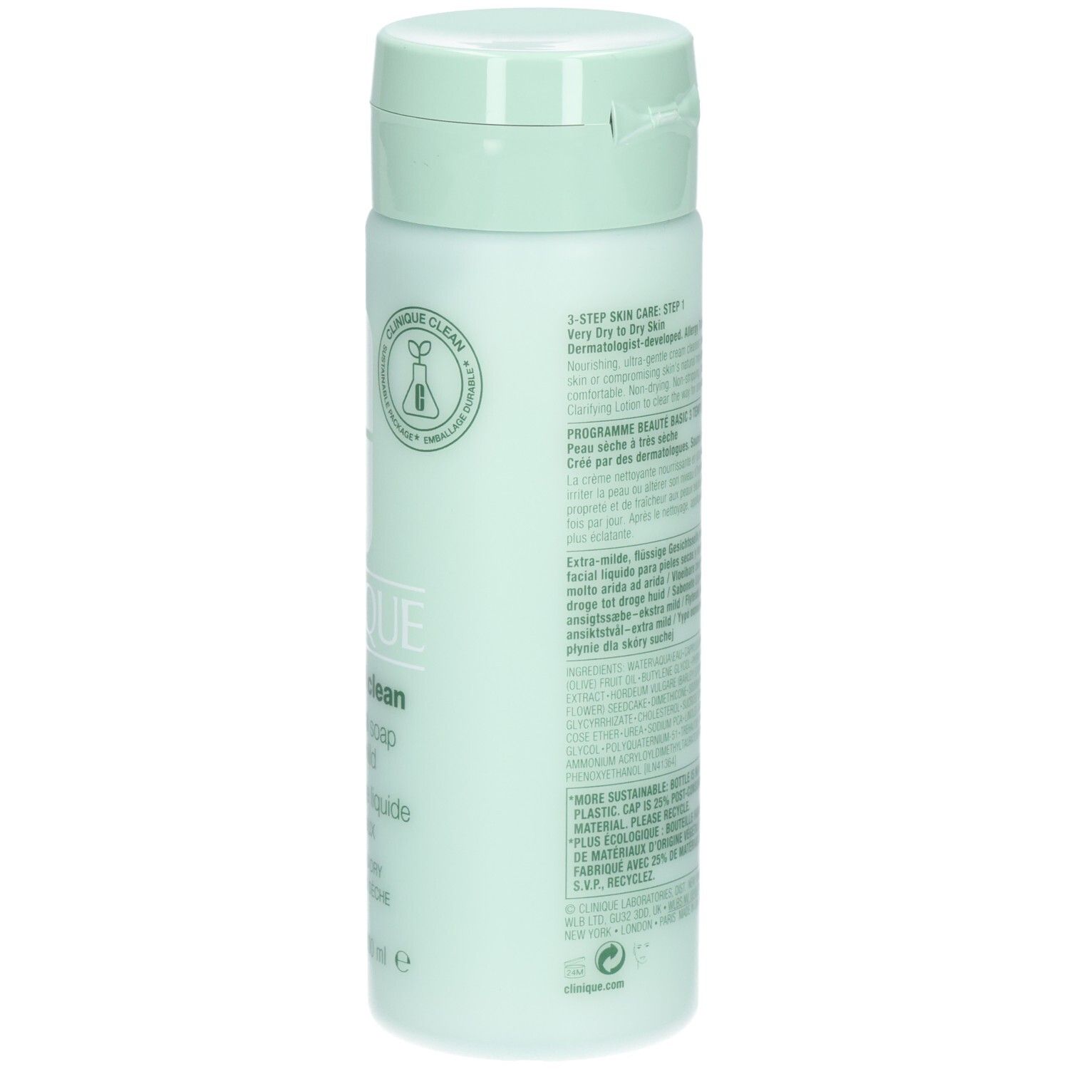 Hellgrüne Flasche mit Klappverschluss. Aufschrift: CLINIQUE all about clean liquid facial soap extra-mild. Mit Logo.