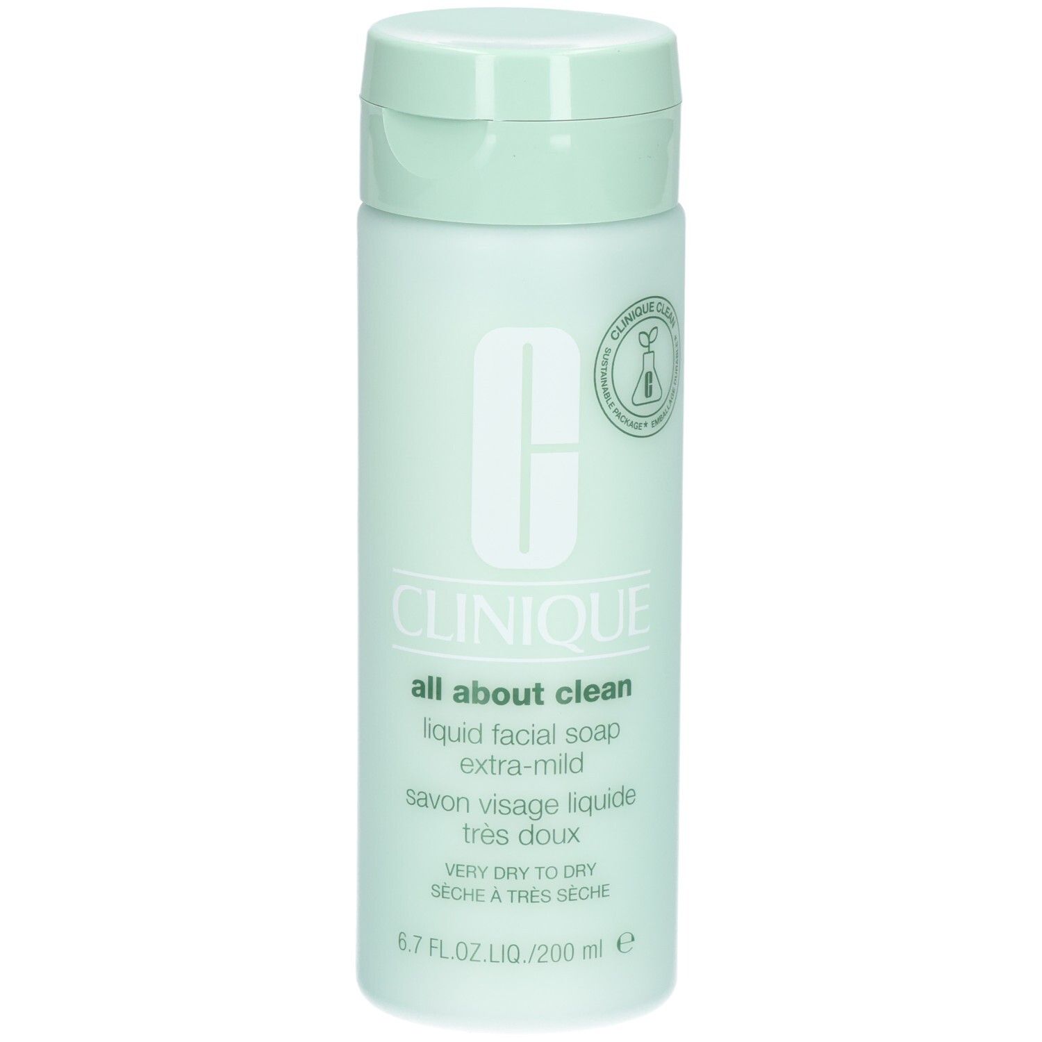 Hellgrüne Flasche mit Klappverschluss. Aufschrift: CLINIQUE all about clean liquid facial soap extra-mild. Mit Logo.