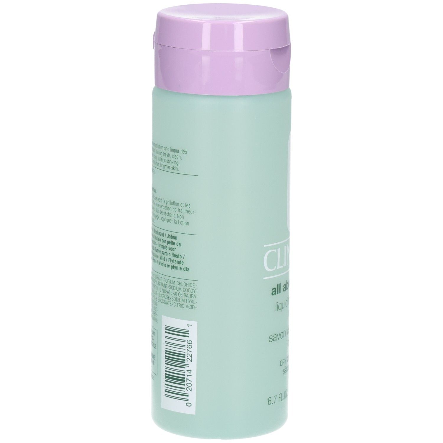 Rückseite der grünen Flasche mit lila Deckel. Text in mehreren Sprachen. Enthält Informationen zum Produkt.