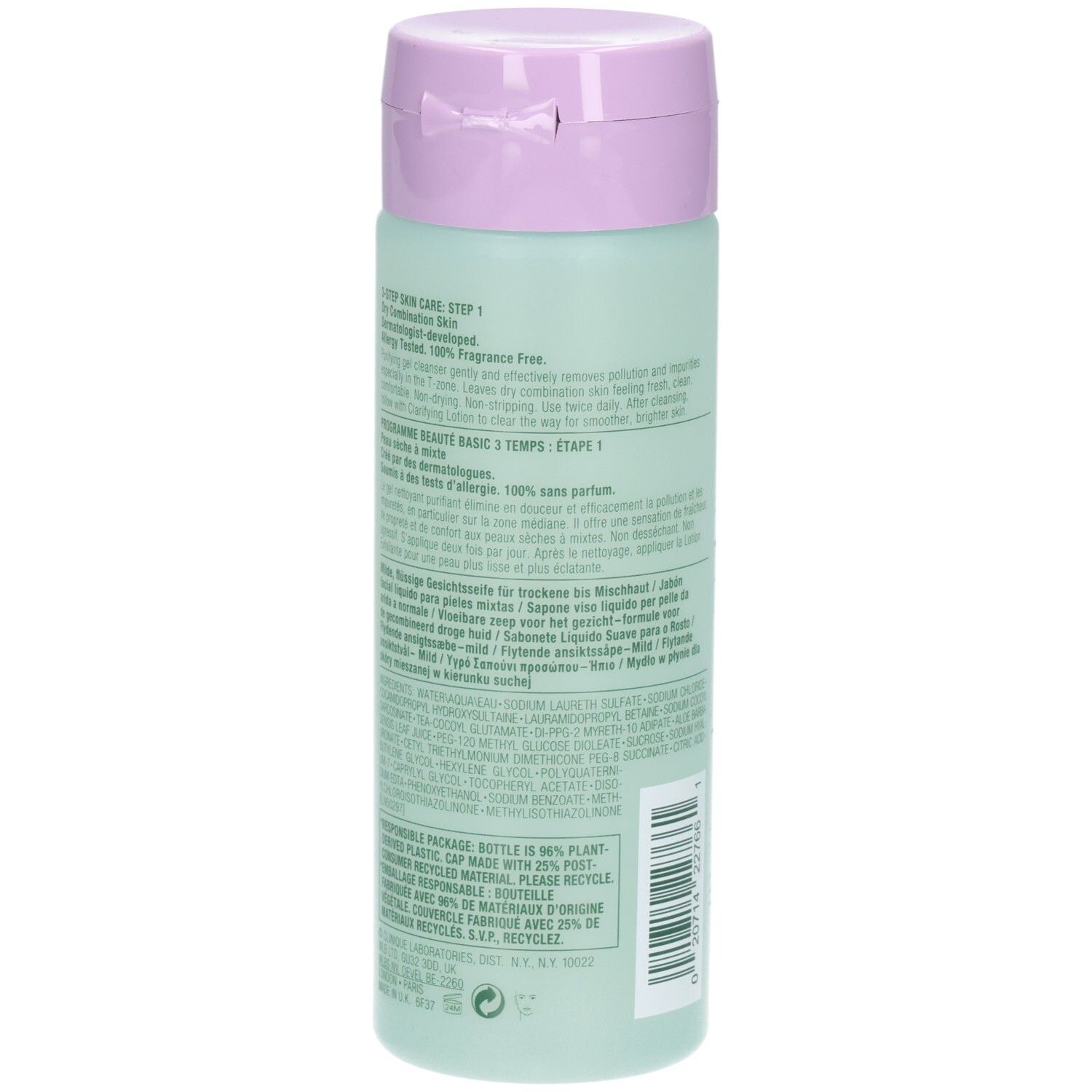 Rückseite der grünen Flasche mit lila Deckel. Text in mehreren Sprachen. Enthält Informationen zum Produkt.