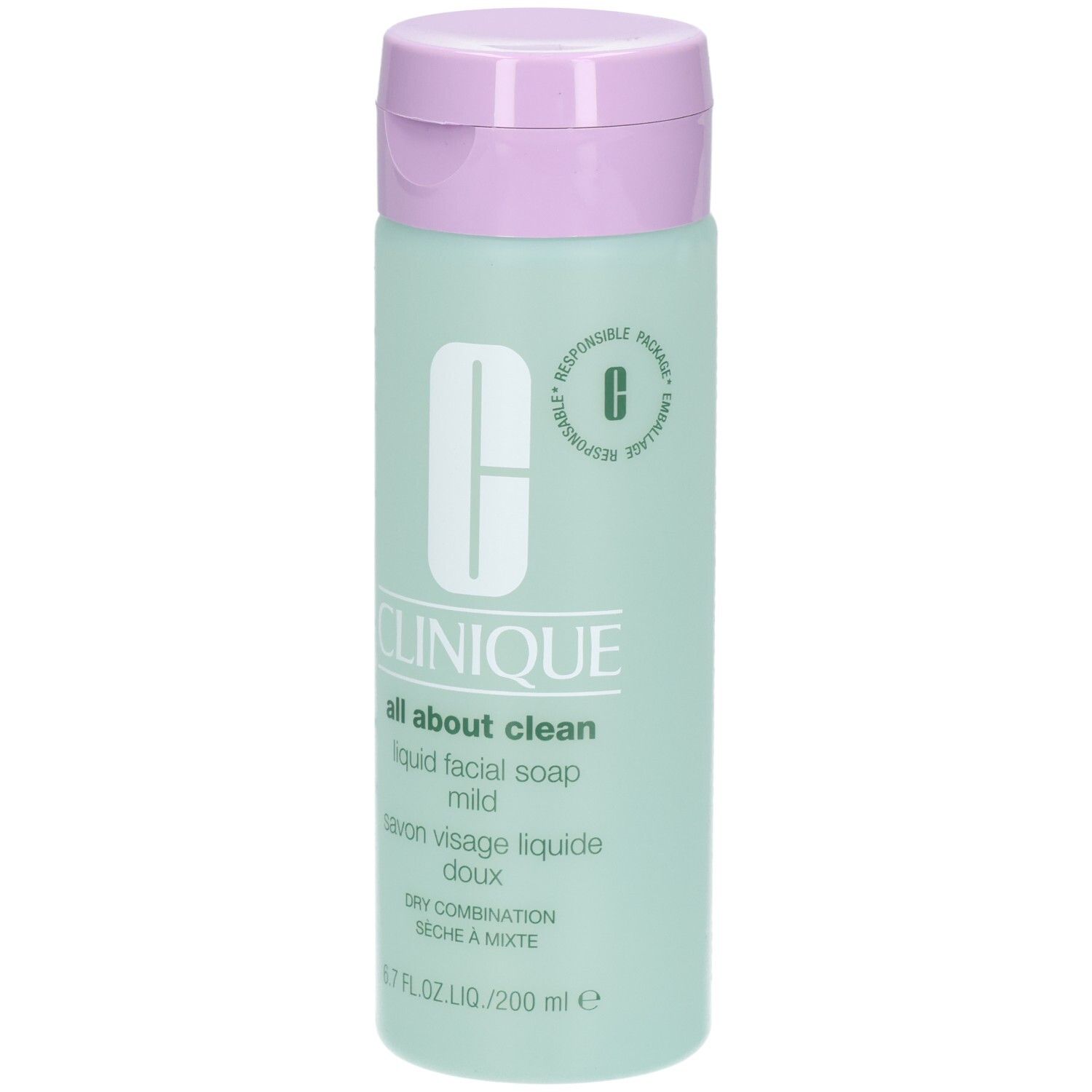 Grüne Flasche mit lila Deckel. Aufschrift: CLINIQUE all about clean liquid facial soap mild. Für trockene bis Mischhaut.