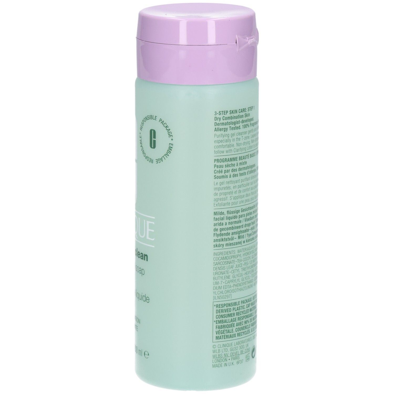 Grüne Flasche mit lila Deckel. Aufschrift: CLINIQUE all about clean liquid facial soap mild. Für trockene bis Mischhaut.