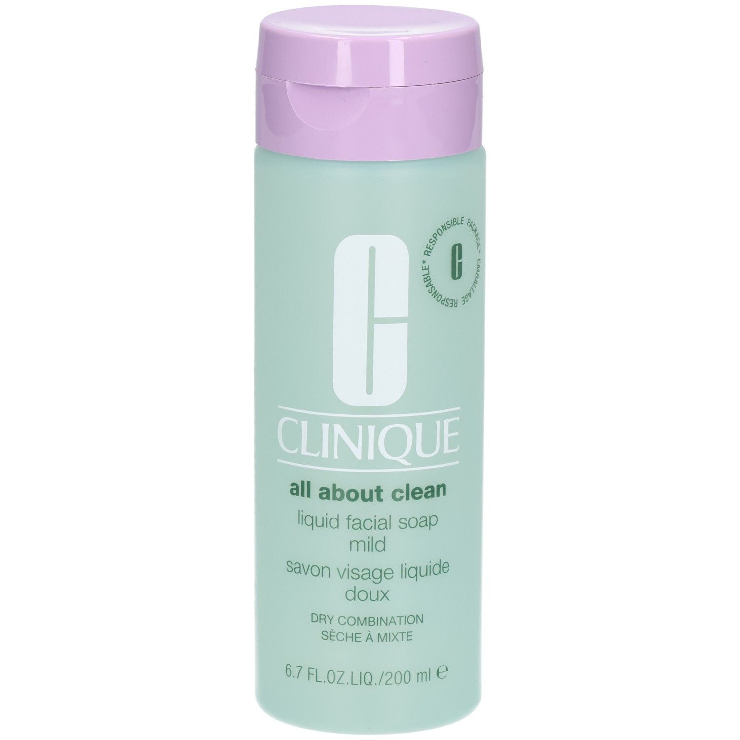 Grüne Flasche mit lila Deckel. Aufschrift: CLINIQUE all about clean liquid facial soap mild. Für trockene bis Mischhaut.