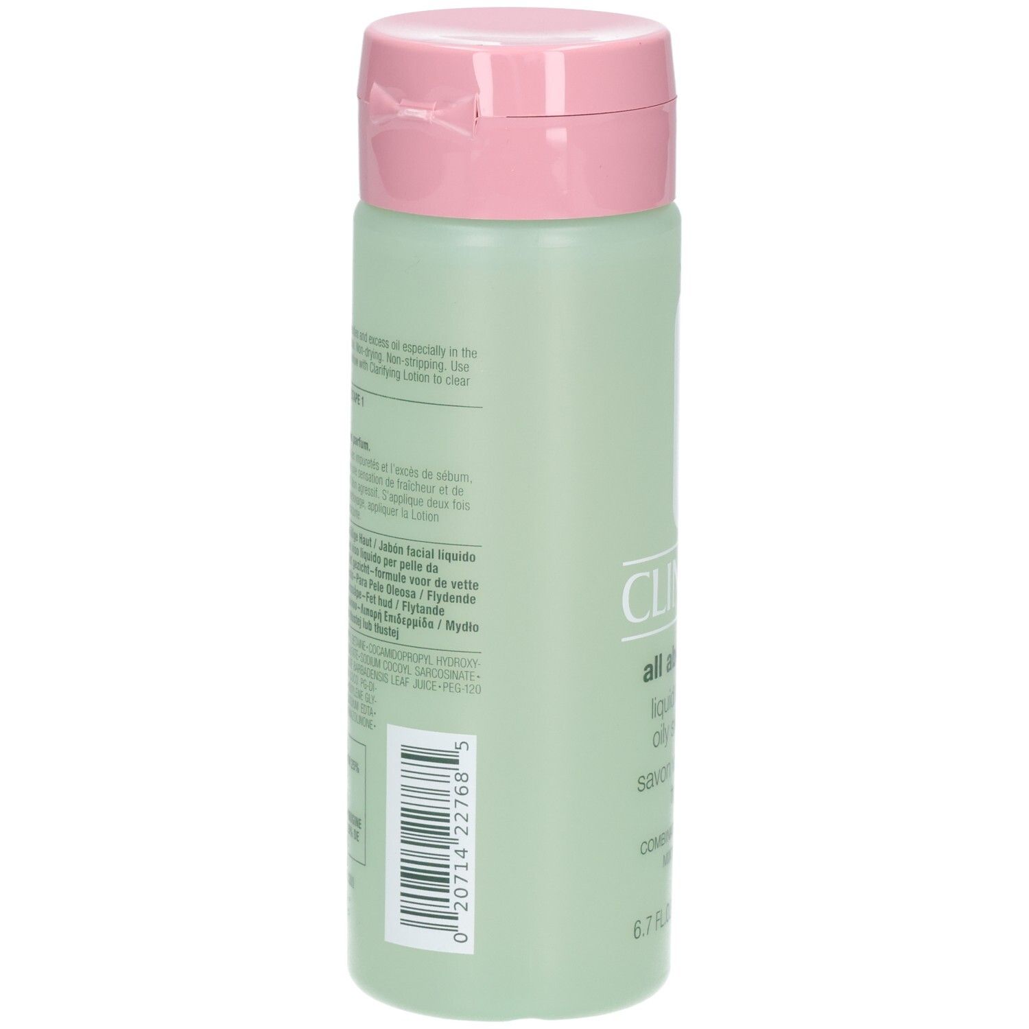 Rückseite der grünen Flasche mit rosa Deckel. Barcode und Text.