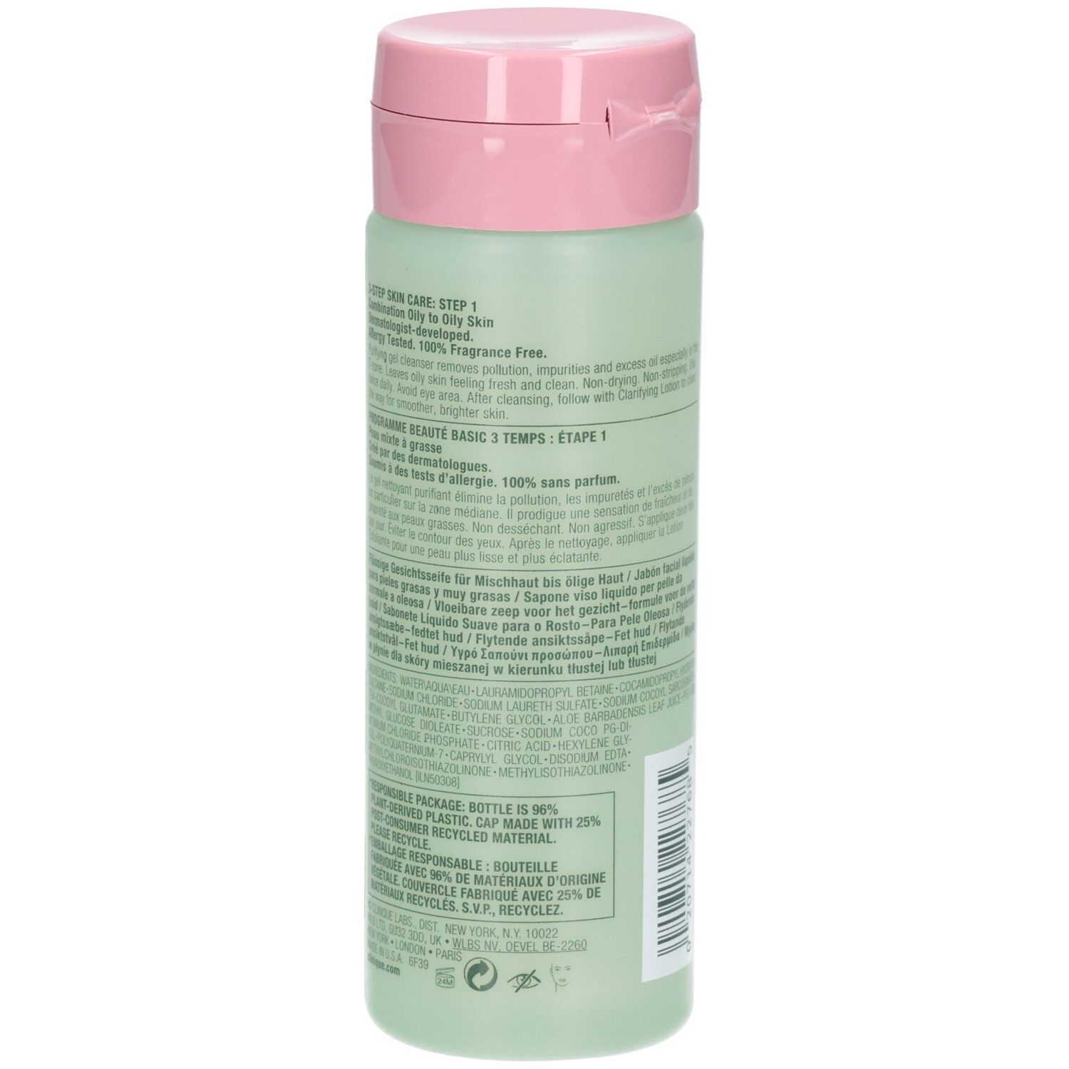 Rückseite der grünen Flasche mit rosa Deckel. Text in mehreren Sprachen.