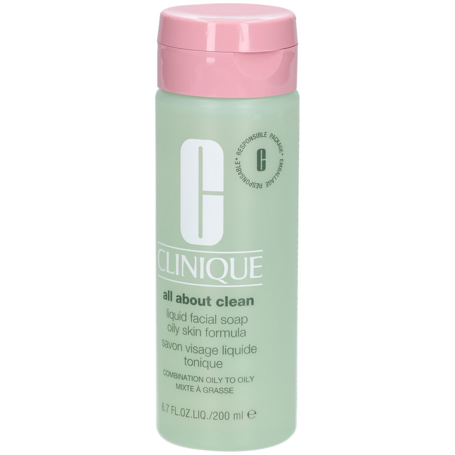 Grüne Flasche mit rosa Deckel. Aufschrift: CLINIQUE all about clean liquid facial soap oily skin formula.
