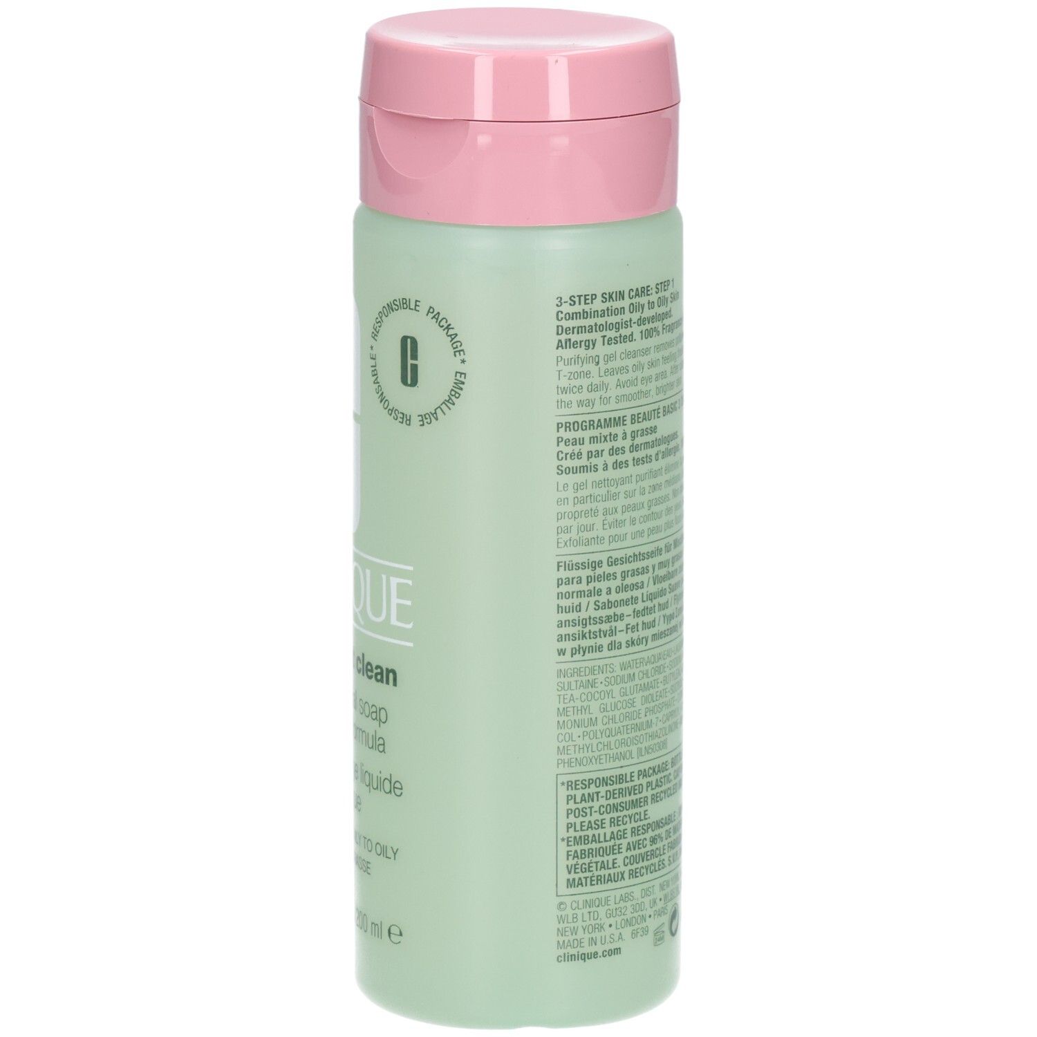 Rückseite der grünen Flasche mit rosa Deckel. Text in mehreren Sprachen.